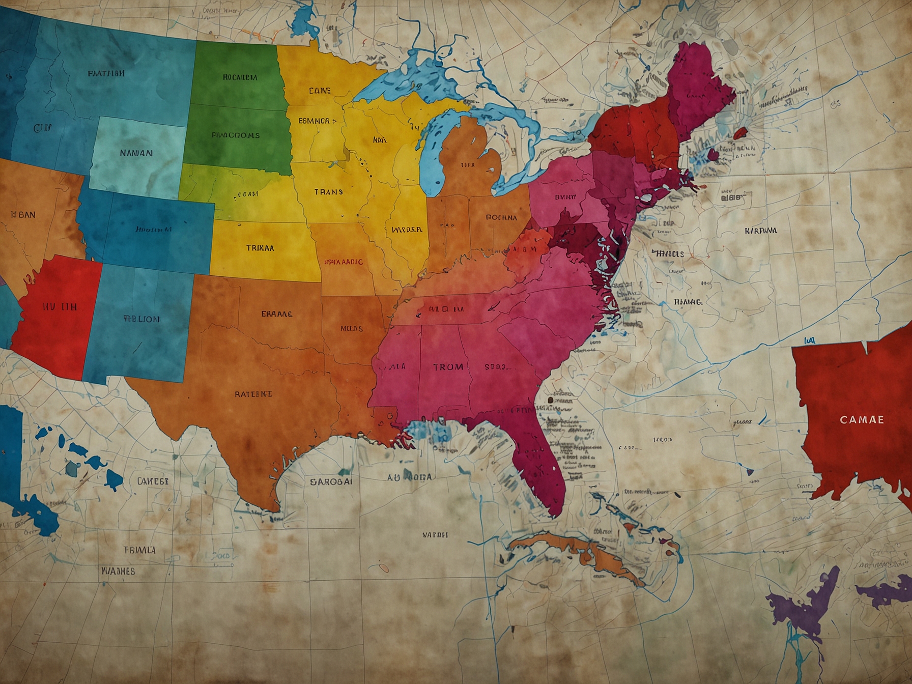 An electoral map showcasing a close race between Trump and Harris, highlighting the contrasting narratives of victory and loss in vivid colors across states.