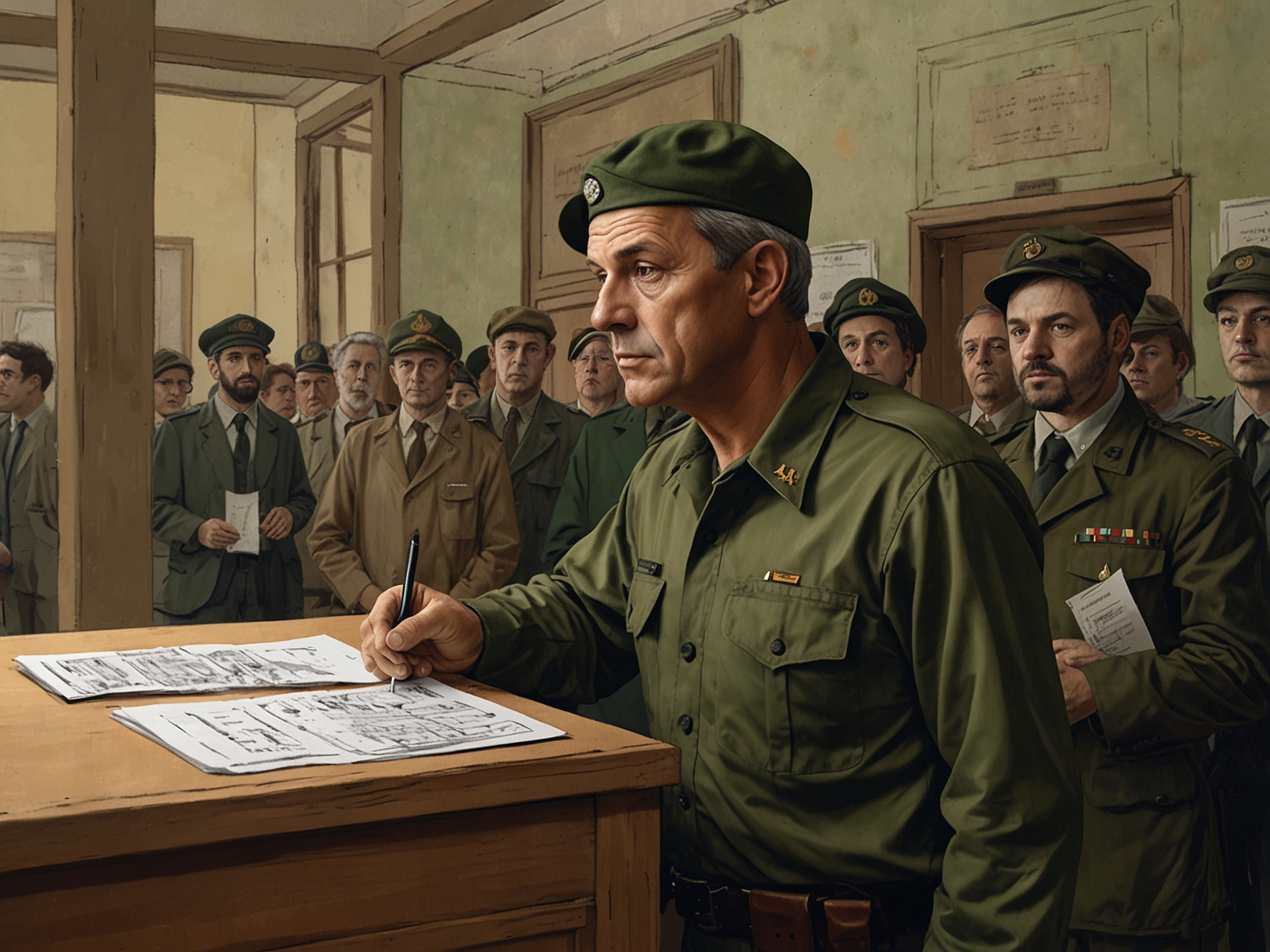 Gabriel Quadri standing in line at a Pension del Bienestar registration booth, wearing a military green shirt and cap, with a focused expression as he holds his documents, surrounded by a mix of curious onlookers and critics.
