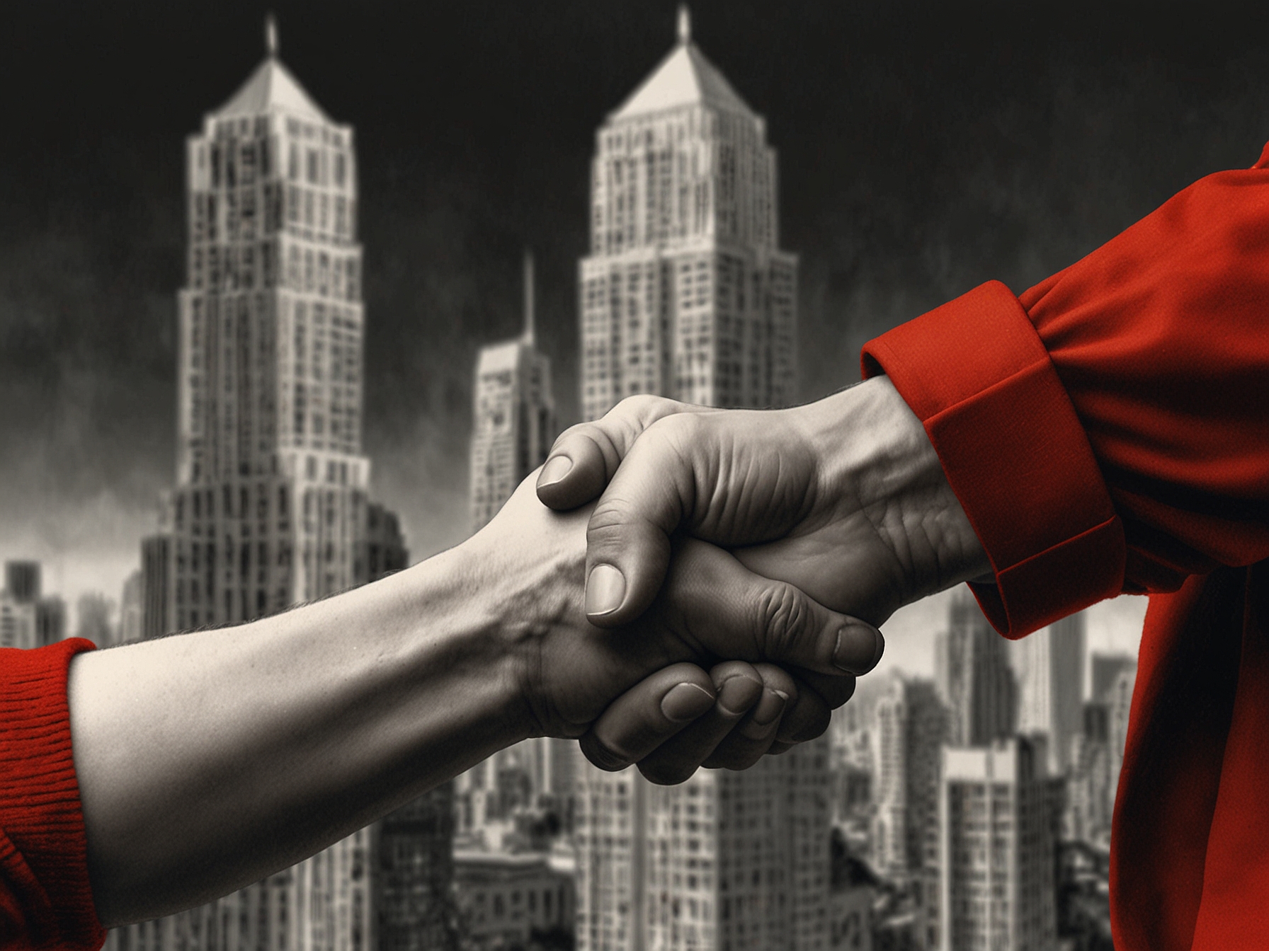 A close-up image of two men clasping hands, both wearing matching red bracelets, symbolizing unity and solidarity amidst a political backdrop, with a blurred cityscape in the background.
