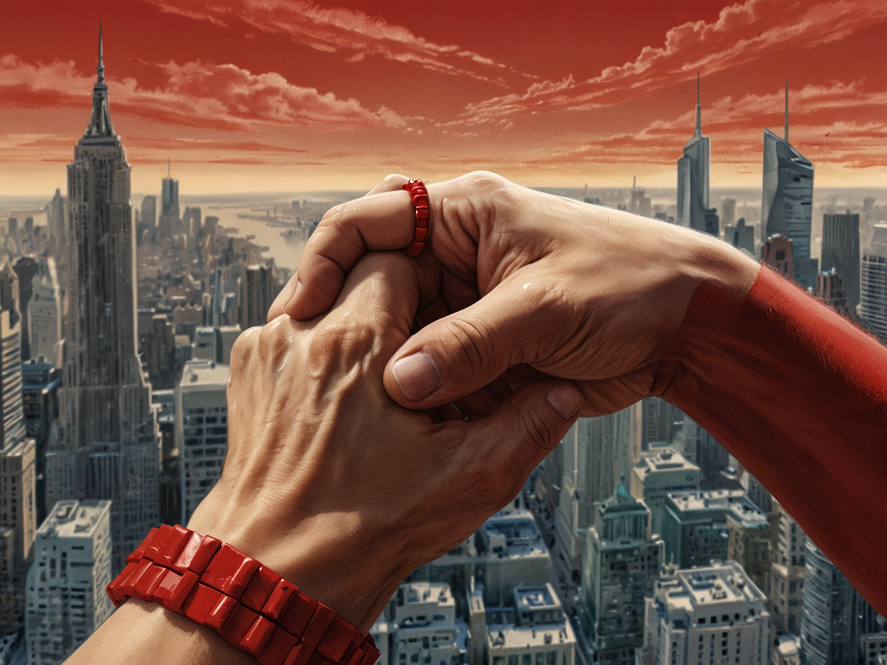 An artistic illustration of a red bracelet with the flags of Spain and Catalunya intertwined, signifying the bond between the two politicians and the challenges they face together.