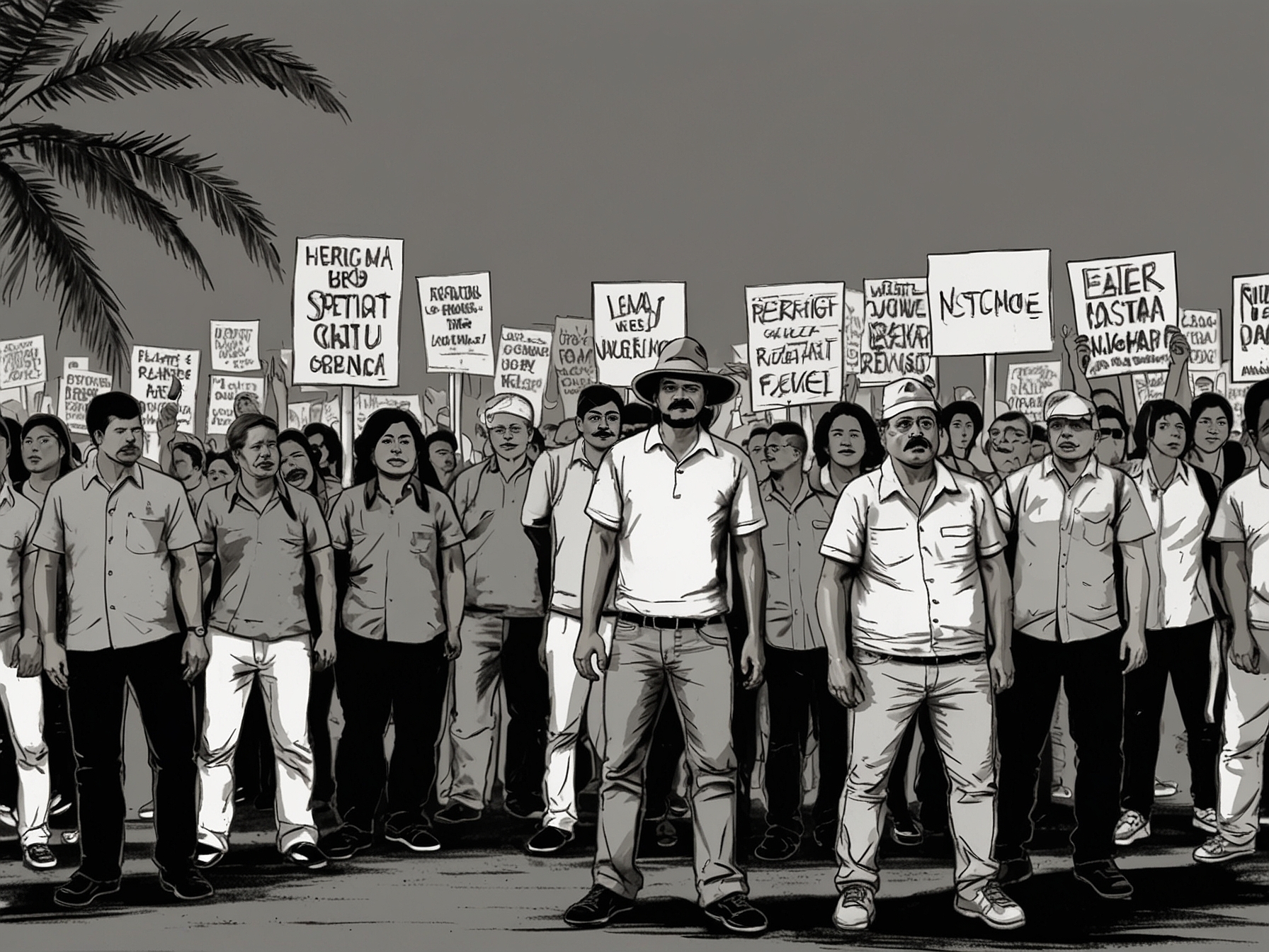 A tense political demonstration in Nicaragua, with citizens holding banners and placards protesting against governmental reforms. The atmosphere is charged with uncertainty and demand for democracy.