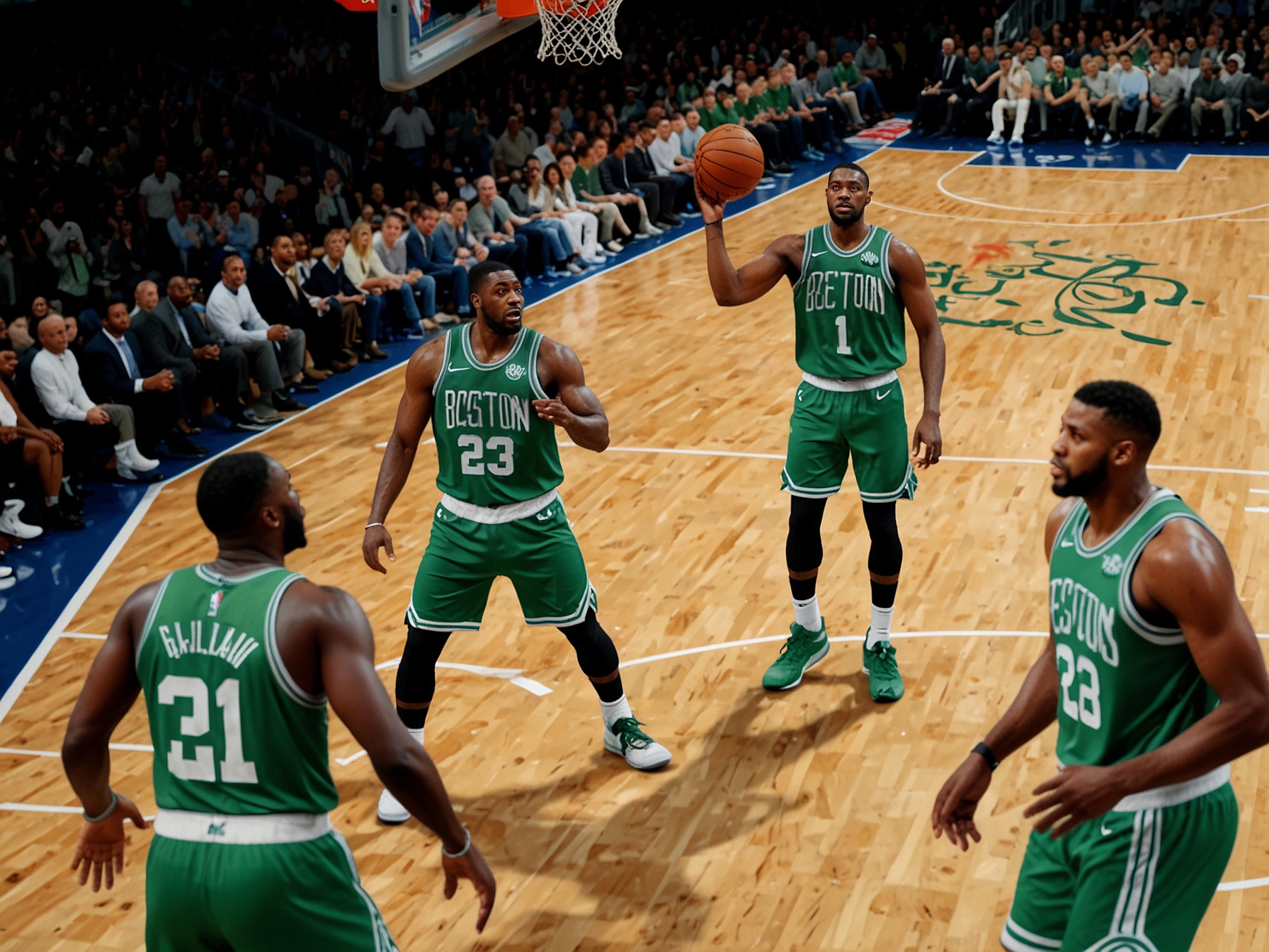 A dynamic image of the Washington Wizards and Boston Celtics players on the court, showcasing their intense gameplay during a crucial moment in their matchup, with a close scoreline reflecting the competitive atmosphere.