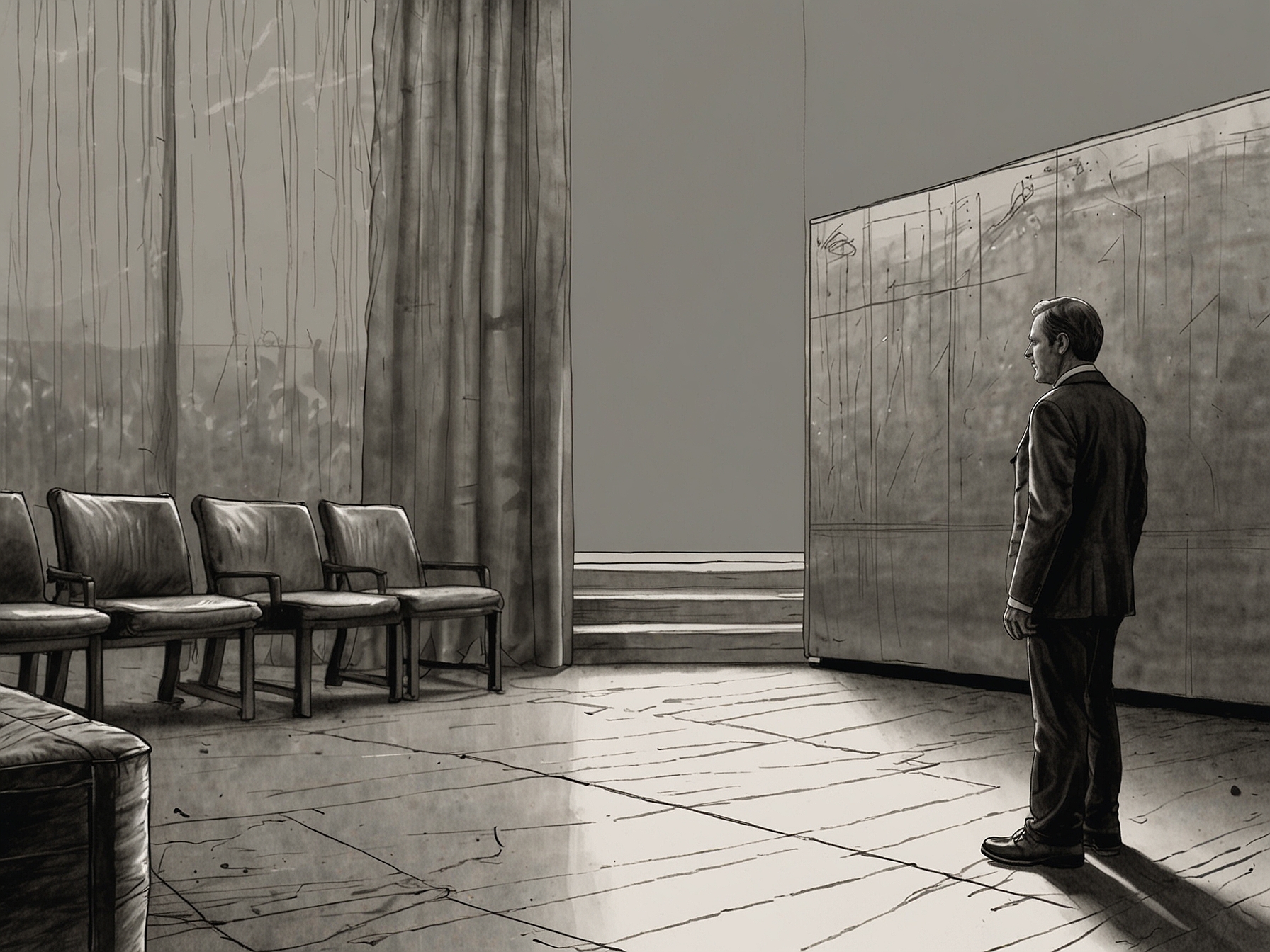 A thoughtful Élie Semoun standing in front of a stage, deep in reflection, symbolizing the conflict between artistic expression and societal pressures amidst rising tensions.