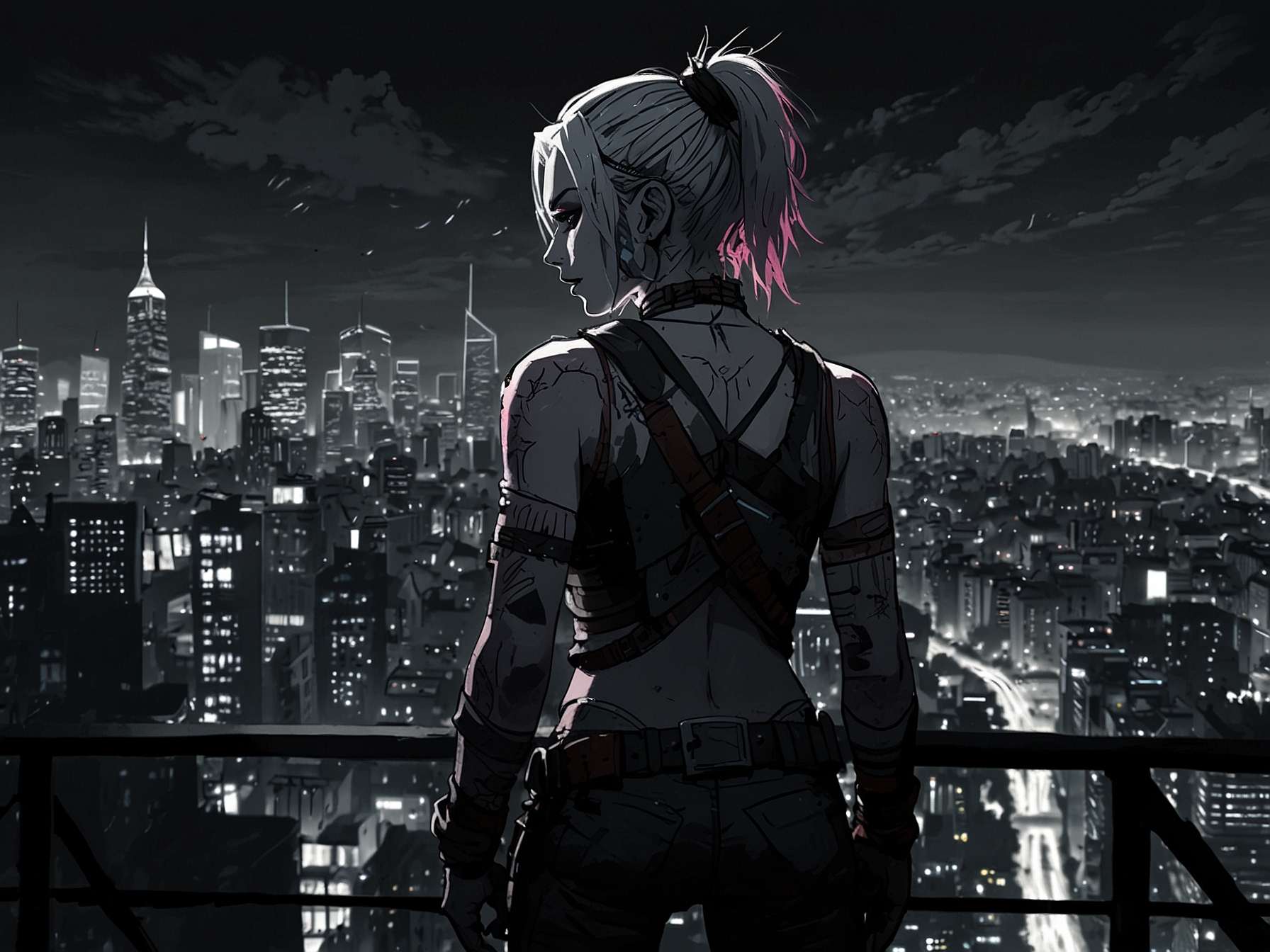 An intense scene depicting Vi and Jinx, standing firm together against dark cityscape of Zaun, embodying sisterhood amidst chaos and challenges ahead.