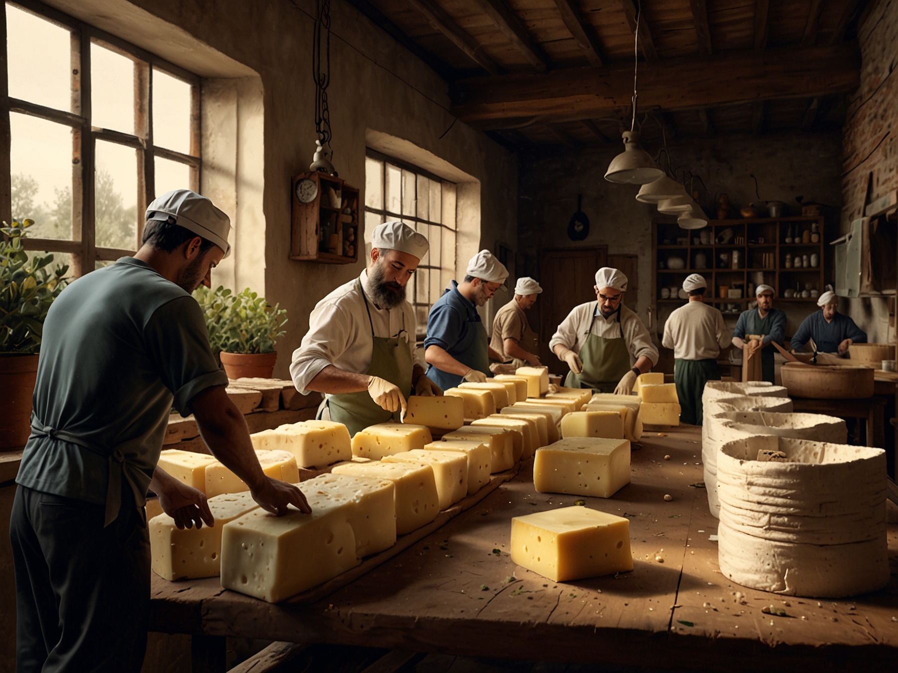 A bustling scene of Italian cheese makers and olive oil producers working quickly to pack their products for shipment, showcasing their dedication and urgency as they prepare for potential U.S. tariffs.