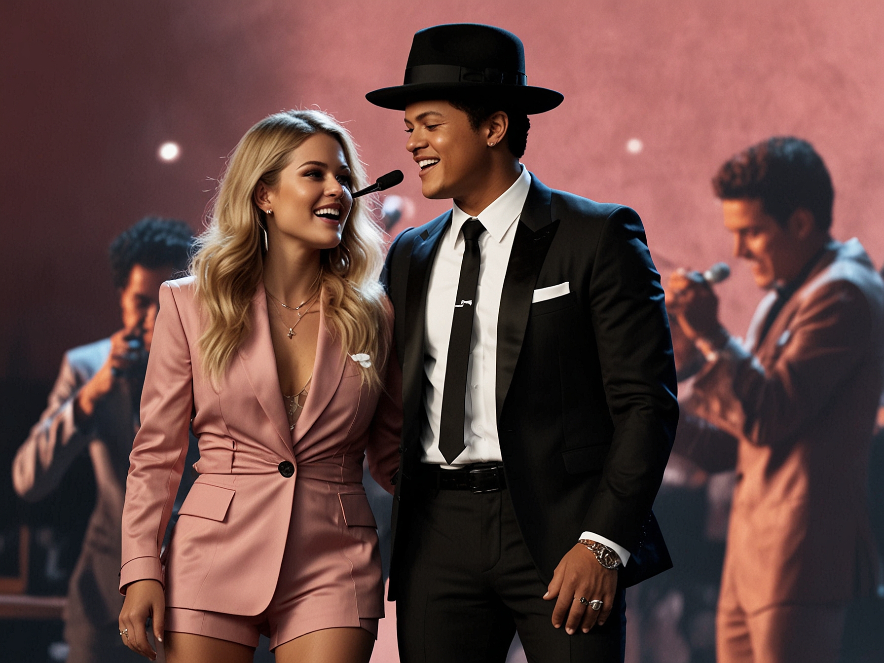 Rosé and Bruno Mars performing together on stage at MAMA 2024, dressed in stylish oversized suits that blend modern elegance with edgy fashion, captivating the audience.