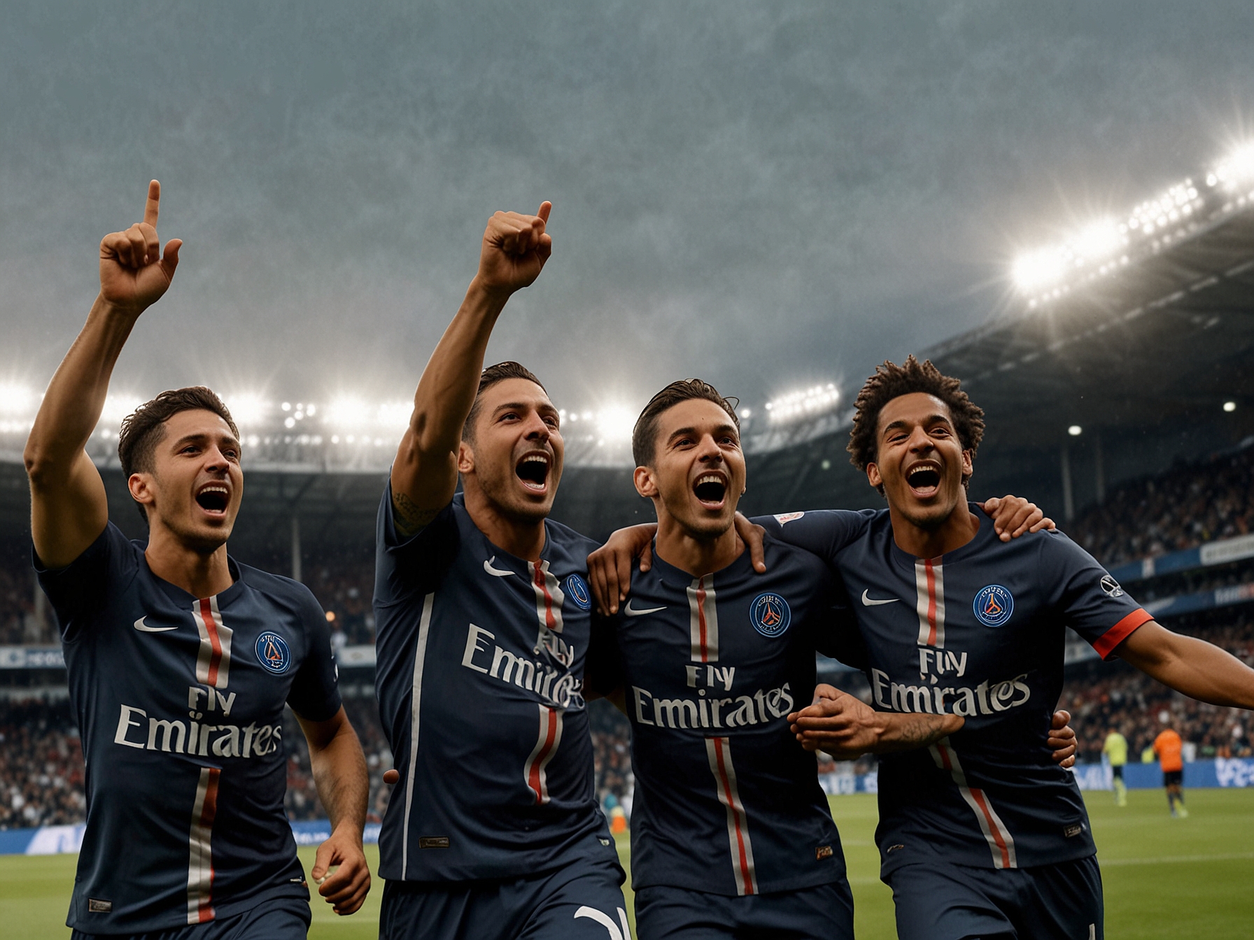 An action shot of PSG players celebrating after a goal, displaying their teamwork and excitement during the match against Toulouse, showcasing their strong performance in Ligue 1 this season.