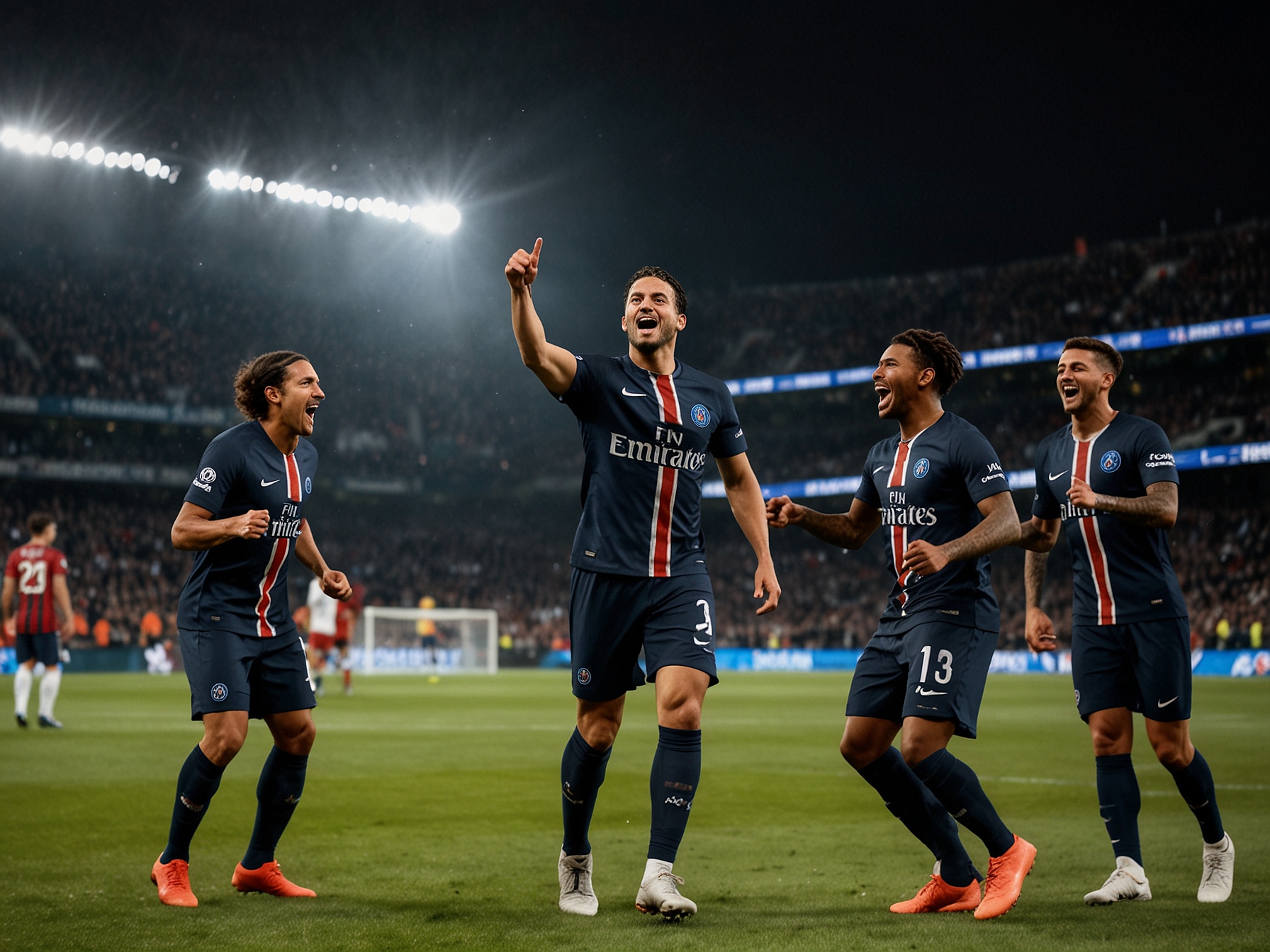 Joao Neves executing a stunning volley as he scores the opening goal against Toulouse, capturing the moment of skill and precision that defines PSG's attacking prowess.