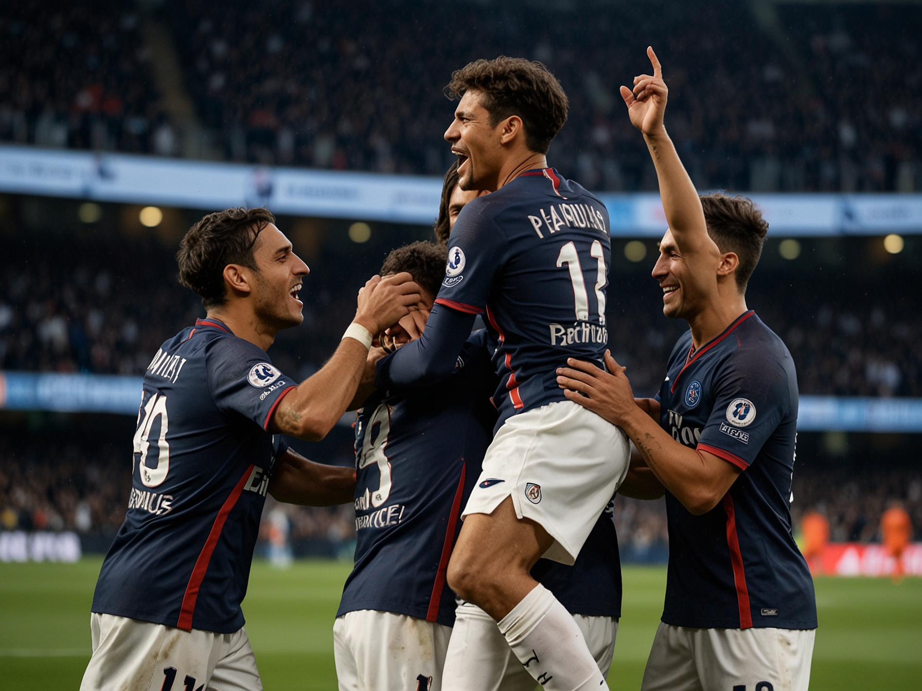 Lucas Beraldo celebrating after scoring his first goal of the season, with PSG teammates around him, illustrating the supportive atmosphere and confidence within the squad.