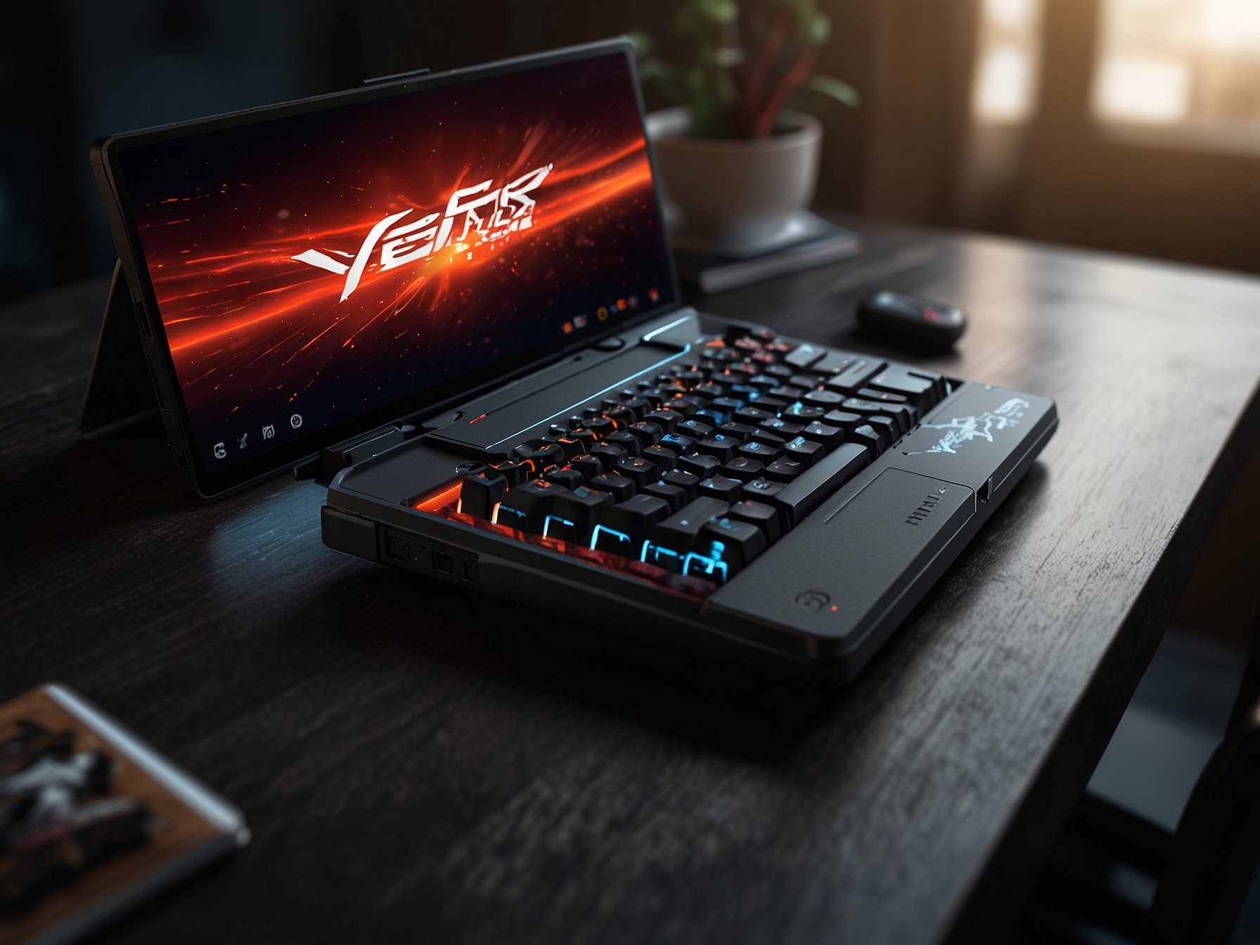 An image showcasing the TecToy Zeenix Lite, highlighting its sleek design along with the foldable mini keyboard and customized protective case, set against a gaming backdrop.