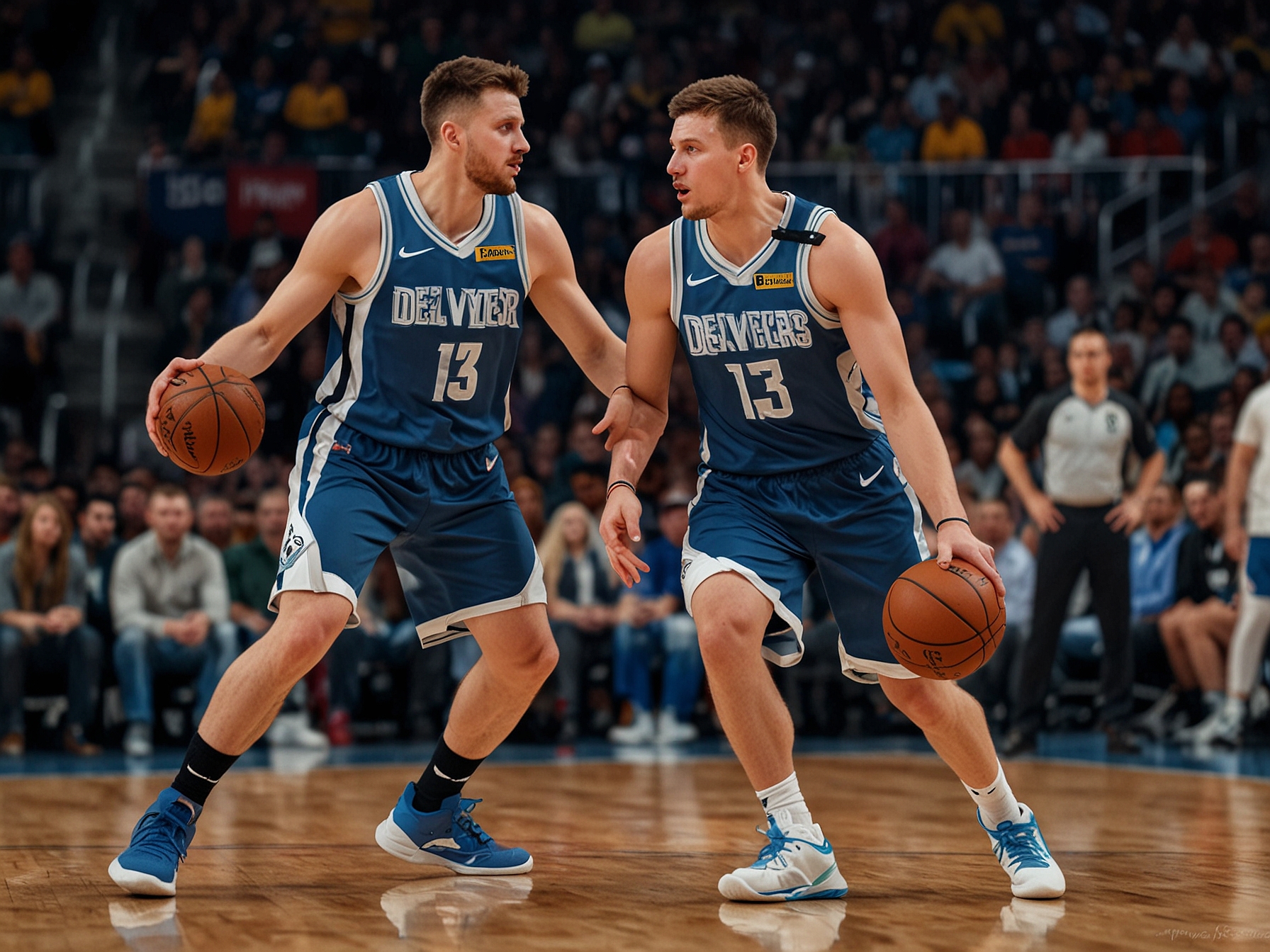 An intense basketball game scene showing the Denver Nuggets and Dallas Mavericks facing off, with emphasis on player movements and fan engagement in the stands. The excitement of the matchup is palpable, as fans eagerly anticipate Jokic's return and Irving's performance in Doncic's absence.