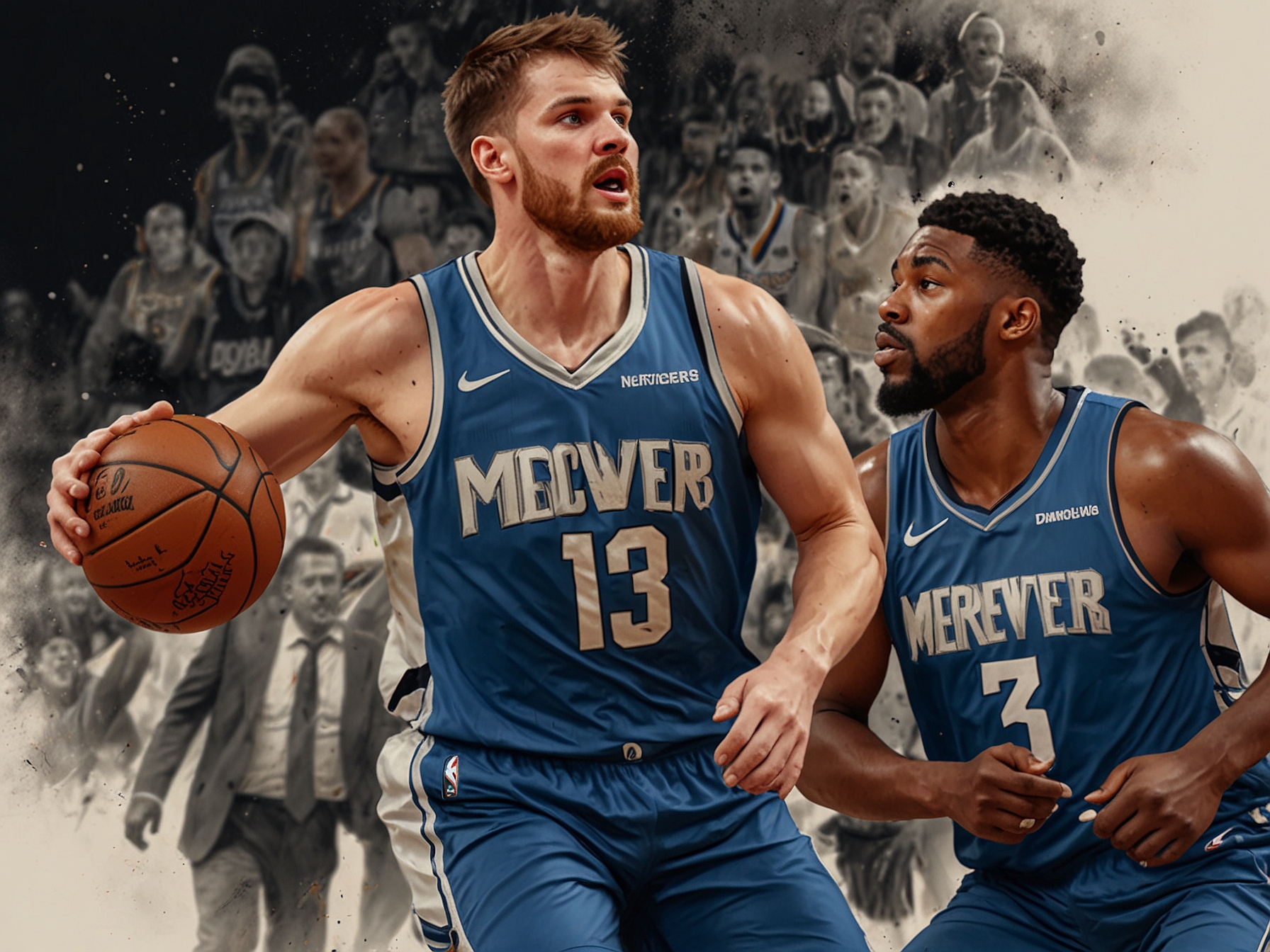 A close-up of Nikola Jokic in action, showcasing his skills on the court, while sidelined images of Luka Doncic highlight his importance to the Mavericks. The contrast illustrates the game's narrative of injury impacts and player performances.