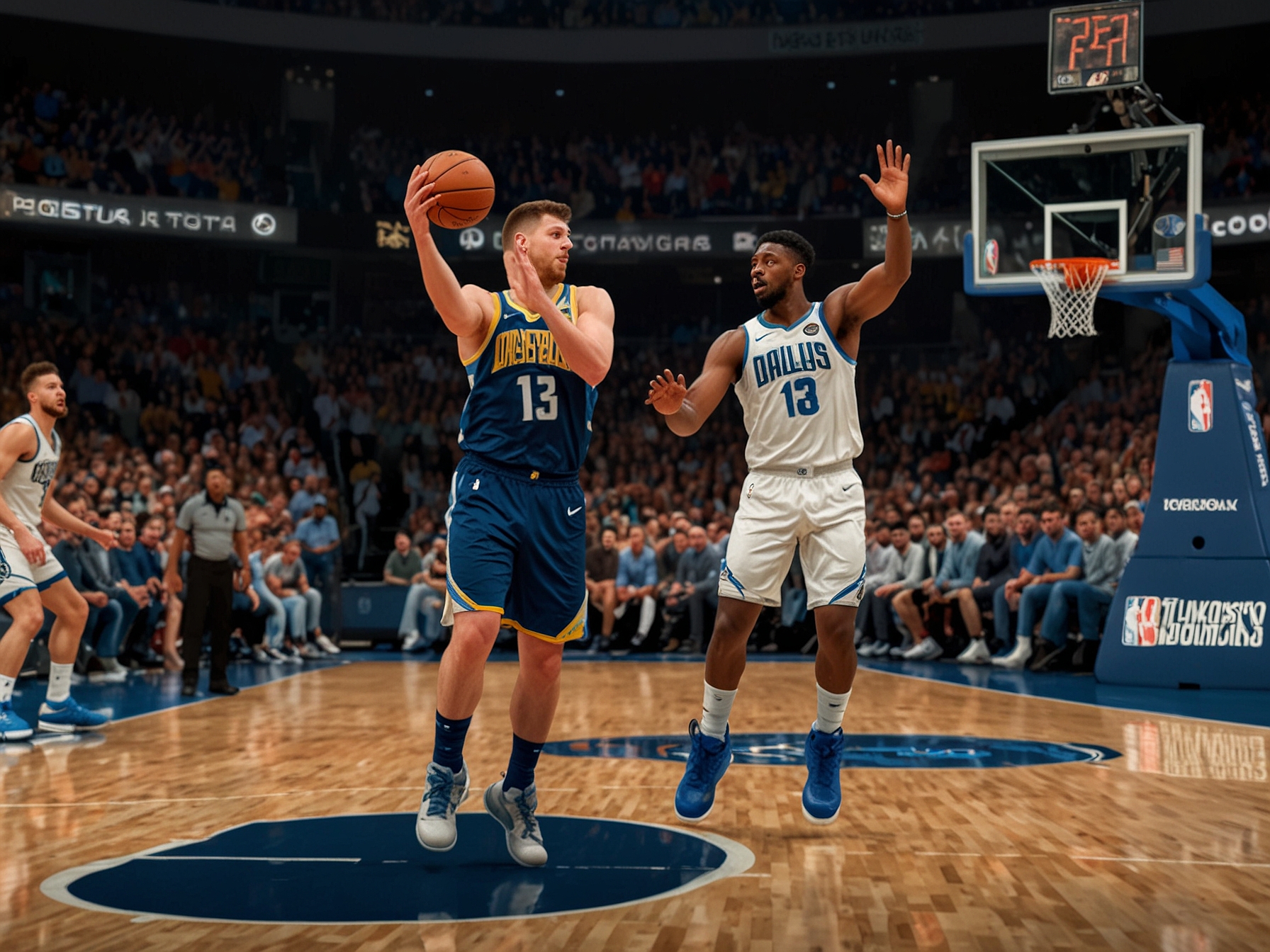 Fans in a packed arena wearing team jerseys, capturing the electrifying atmosphere of an NBA game night as they cheer for their teams. The scene depicts the communal spirit of basketball and the thrilling anticipation of the upcoming matchup between the Nuggets and Mavericks.