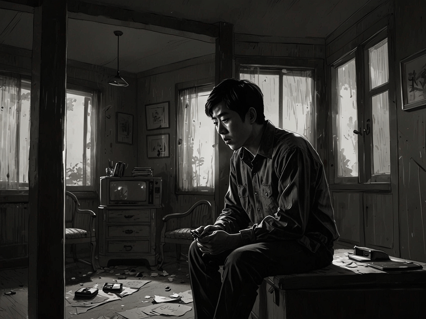 A tense scene from 'When the Phone Rings,' showing Baek Sa Eon in a dimly lit room, holding a phone with a worried expression as he processes shocking news about his wife. Shadows play across the walls, reflecting the emotional turmoil within.