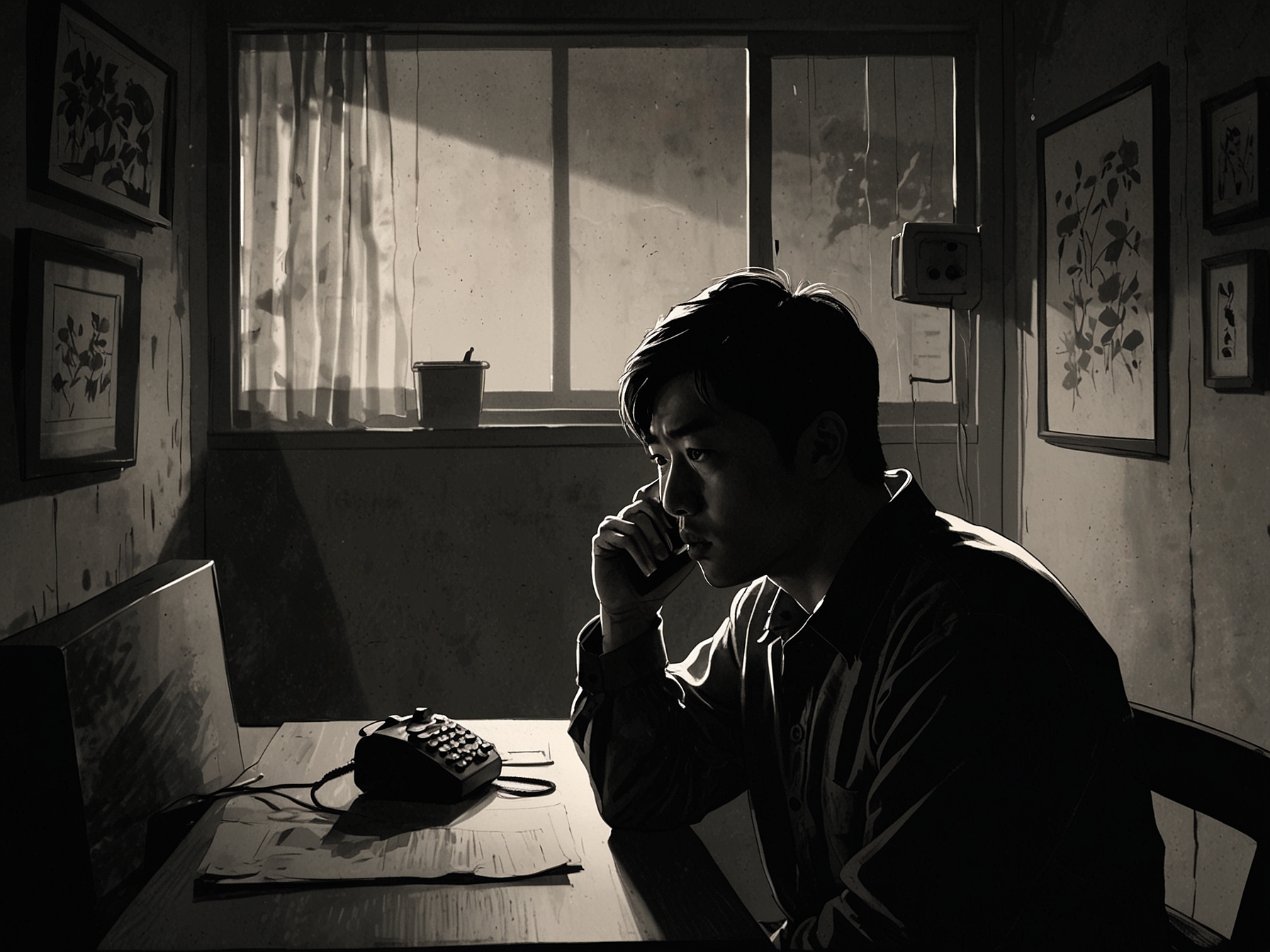 A dark silhouette of a mysterious figure lurking in the background, creating an atmosphere of suspense and intrigue. The scene evokes a sense of danger that looms over Sa Eon and Hee Joo's fragile relationship.