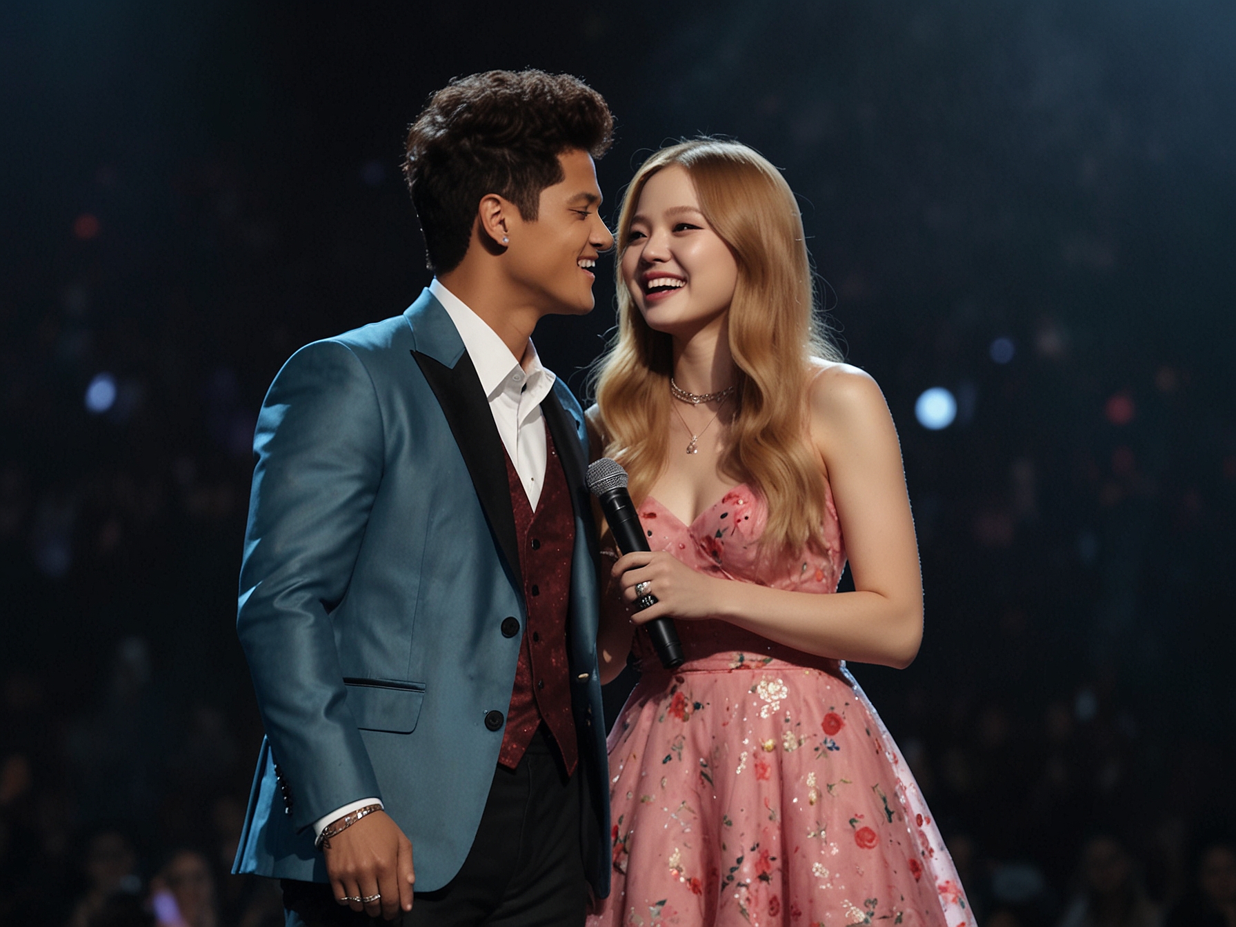Bruno Mars and BLACKPINK's Rose share a lighthearted moment on stage during the 2024 MAMA Awards, showcasing their chemistry and humor.