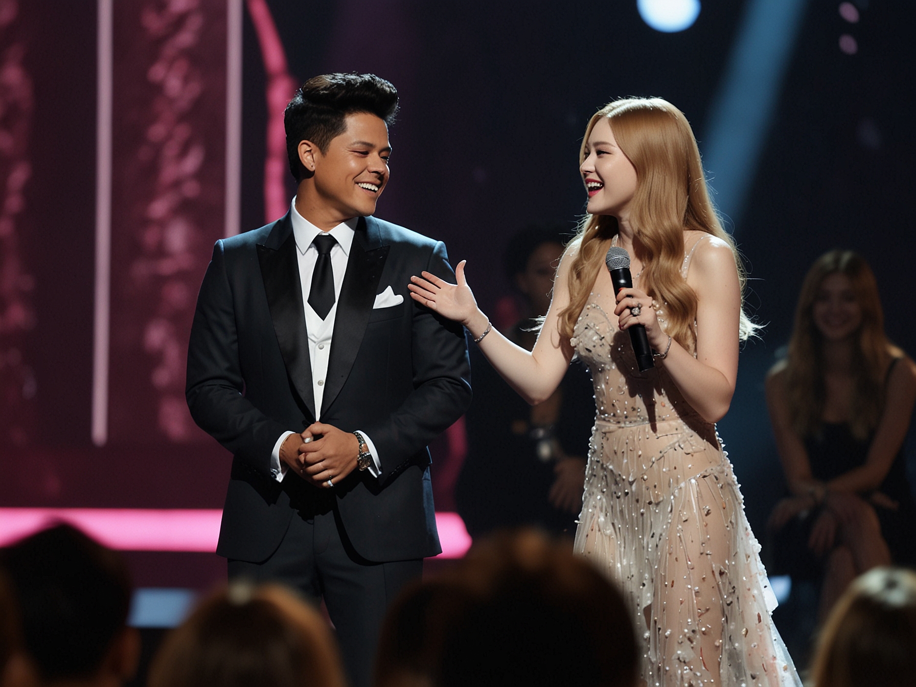 Bruno Mars speaks Korean during his acceptance speech at the MAMA Awards, displaying his cultural admiration while interacting with Rose.