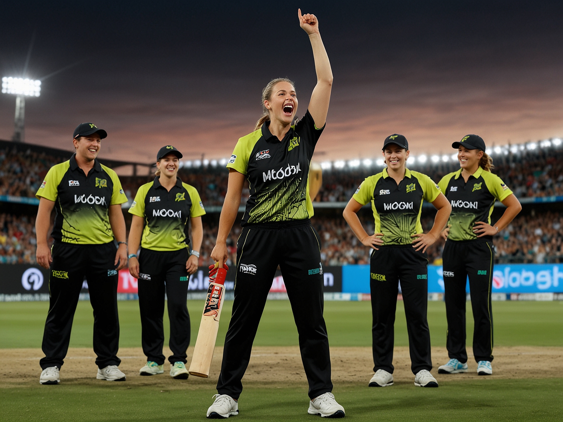 An intense moment from the WBBL match, showing Sophie Molineux celebrating a wicket while the Sydney Thunder team looks dejected in the background as the Renegades dominate.