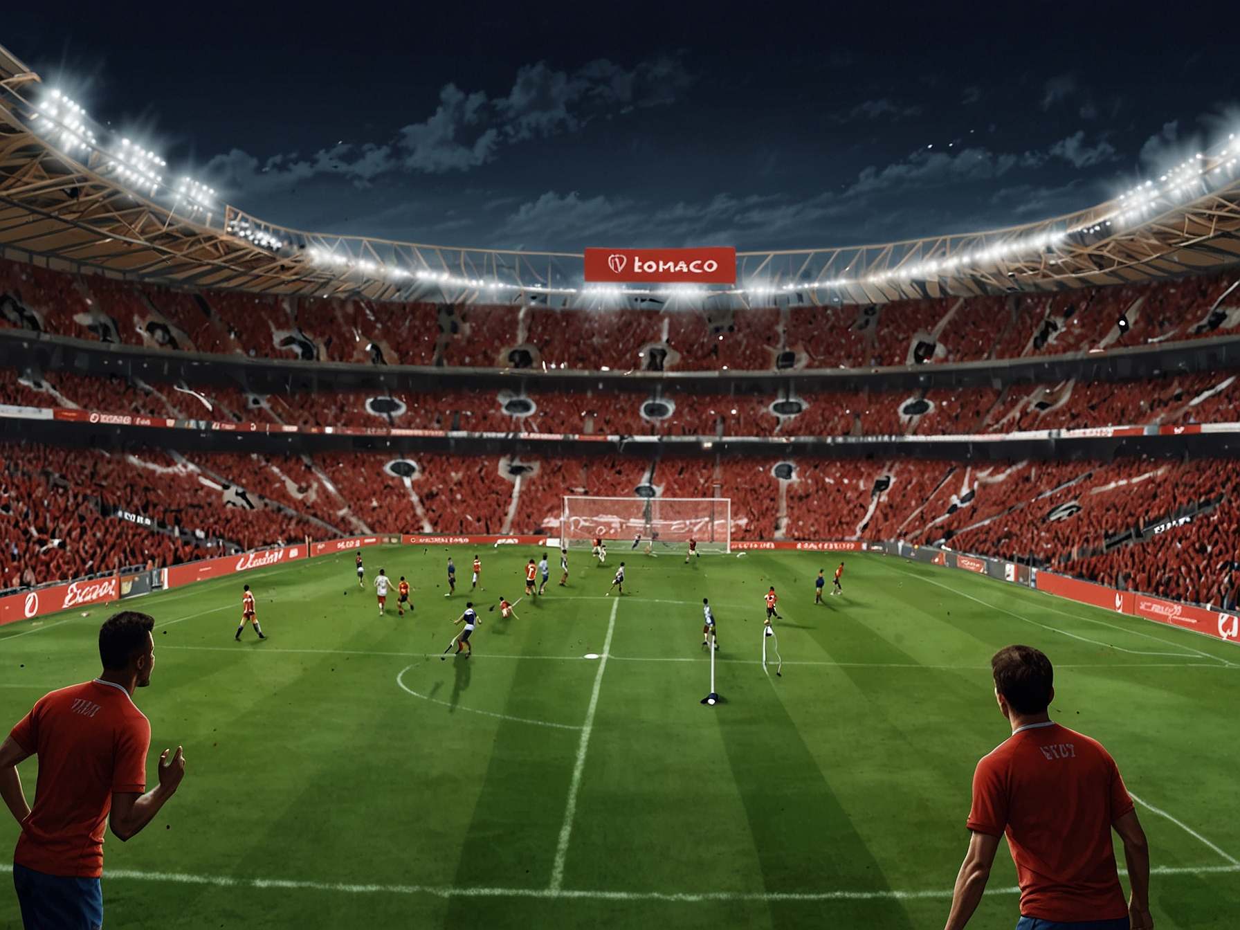 A striking image showing the Stade Louis-II stadium filled with eager fans, vibrant banners waving and players warming up on the field, capturing the excitement of the upcoming AS Monaco vs. Stade Brestois match.