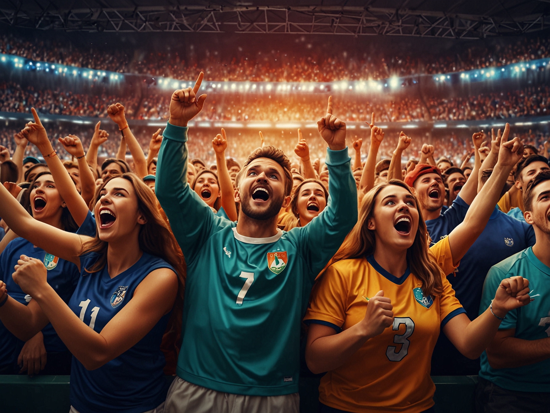 An excited crowd of football fans wearing team jerseys, cheering passionately as they watch a live football match on a big screen in a stadium filled with vibrant colors and energy.