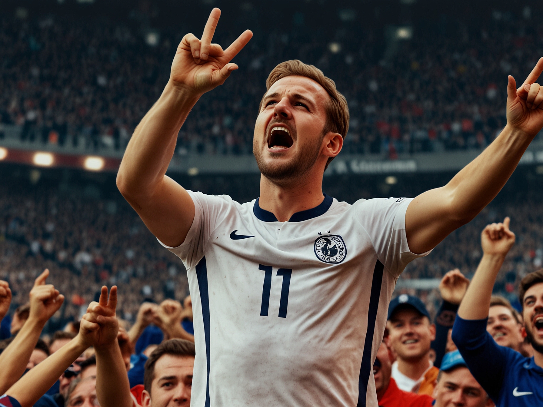 Harry Kane celebrating after scoring one of his three goals, showcasing his jubilation as fans cheer wildly in the packed Allianz Arena.