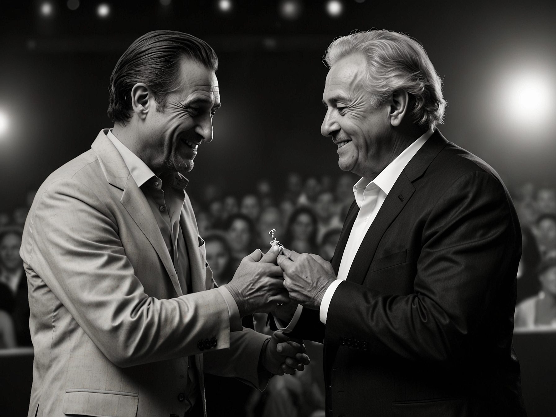 An emotional Martín Cárcamo standing at the podium during the 'Martín Fierro' awards, recalling memories of his late friend Felipe Camiroaga, evoking tears and applause from the audience.