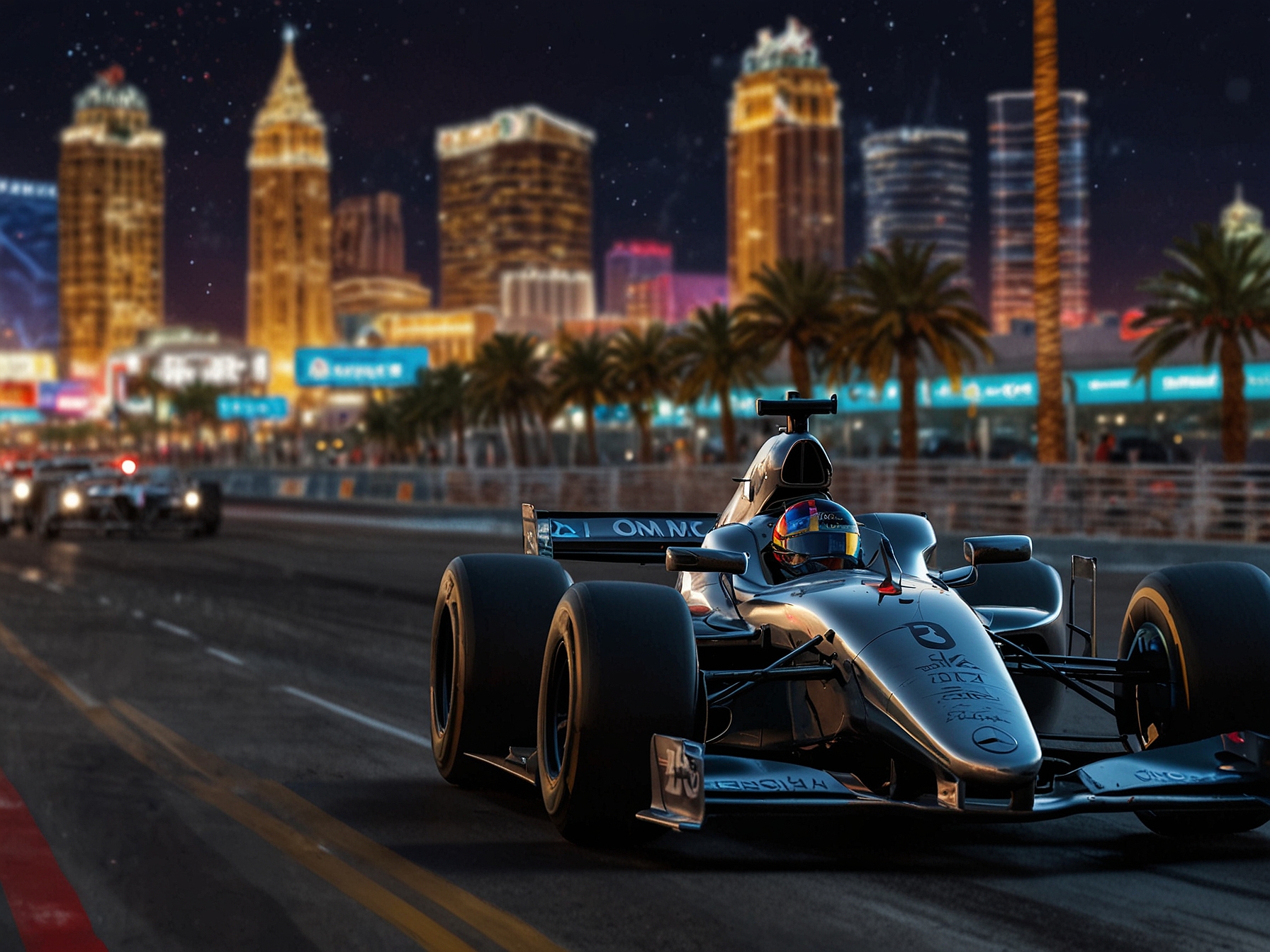 An action shot of George Russell in his Mercedes car speeding through the Las Vegas circuit, with vibrant city lights in the background reflecting the excitement of the race weekend.