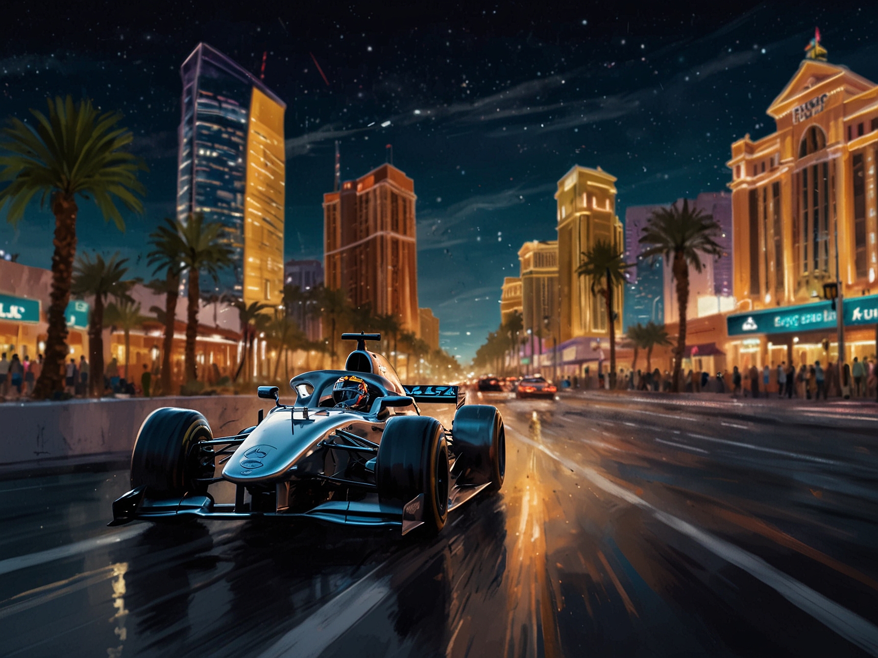 A dramatic moment on the Las Vegas circuit showing multiple cars closely competing, highlighting the tension between drivers as they push for top positions during practice.