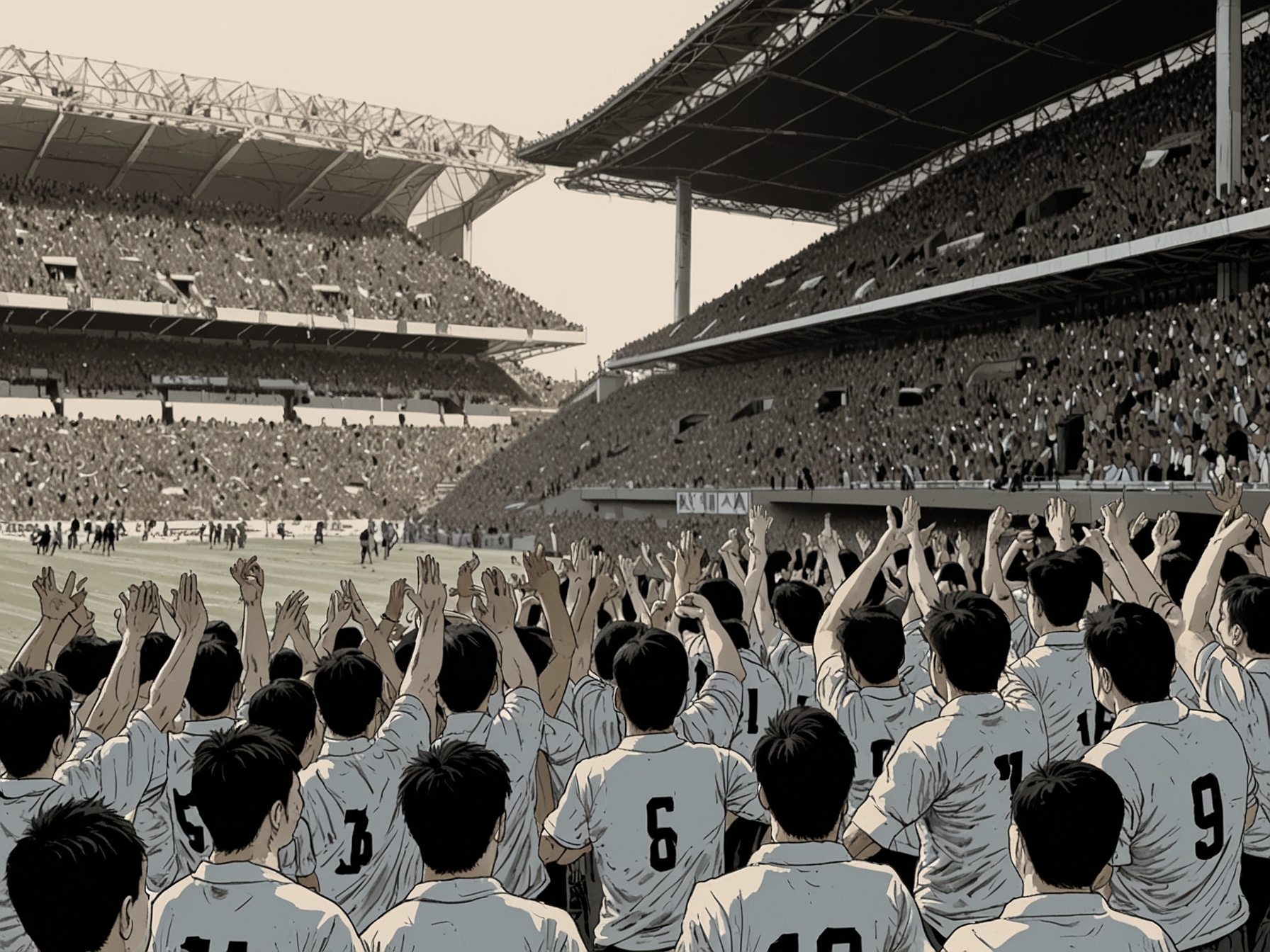 A thrilling moment depicting Gamba Osaka players celebrating a goal amidst a sea of passionate fans at Japan National Stadium during the EMPEROR'S CUP.