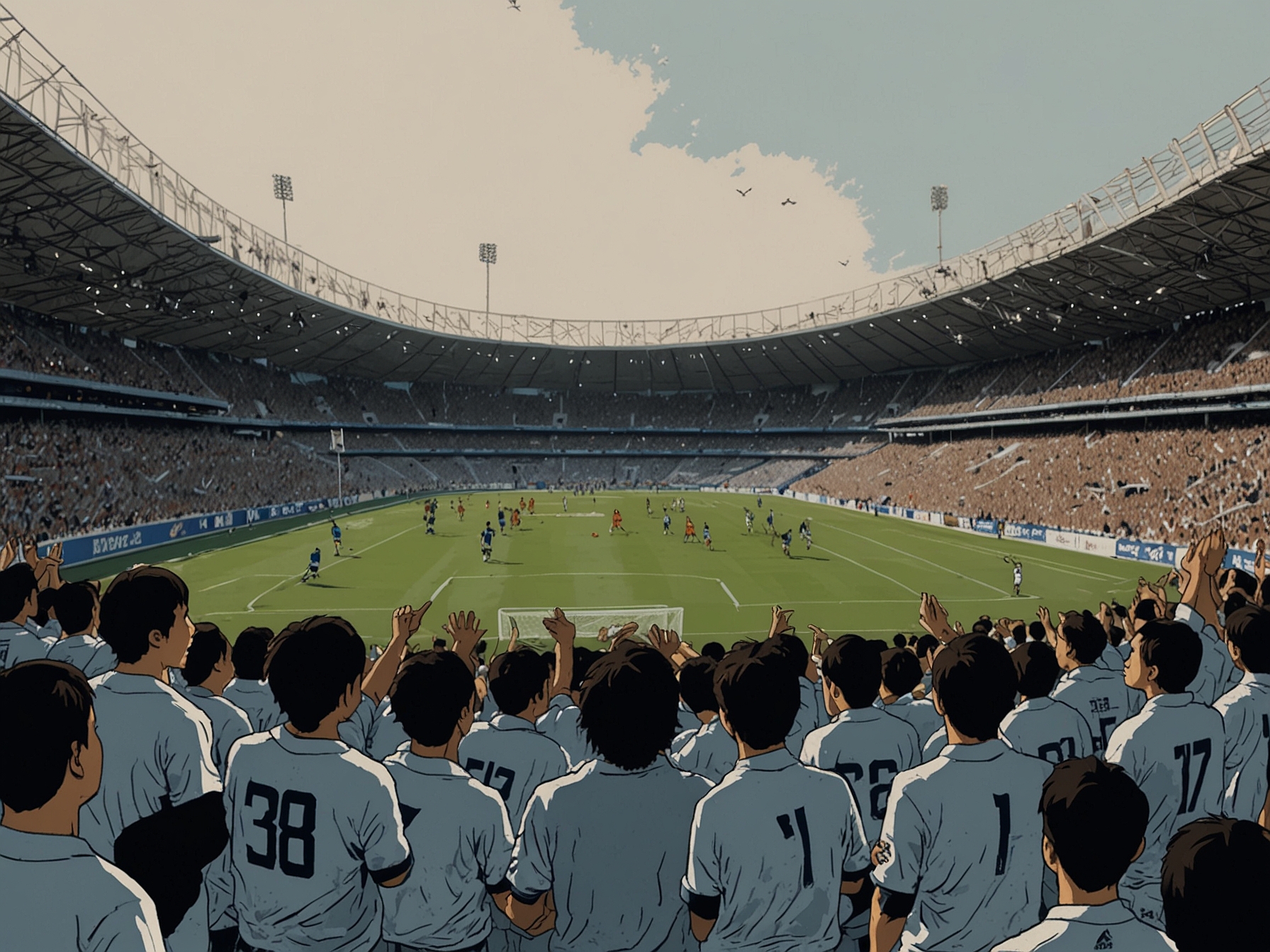 The electric atmosphere in Japan National Stadium as dedicated Gamba Osaka fans wave flags and chant, embodying the spirit of support for their team on game day.