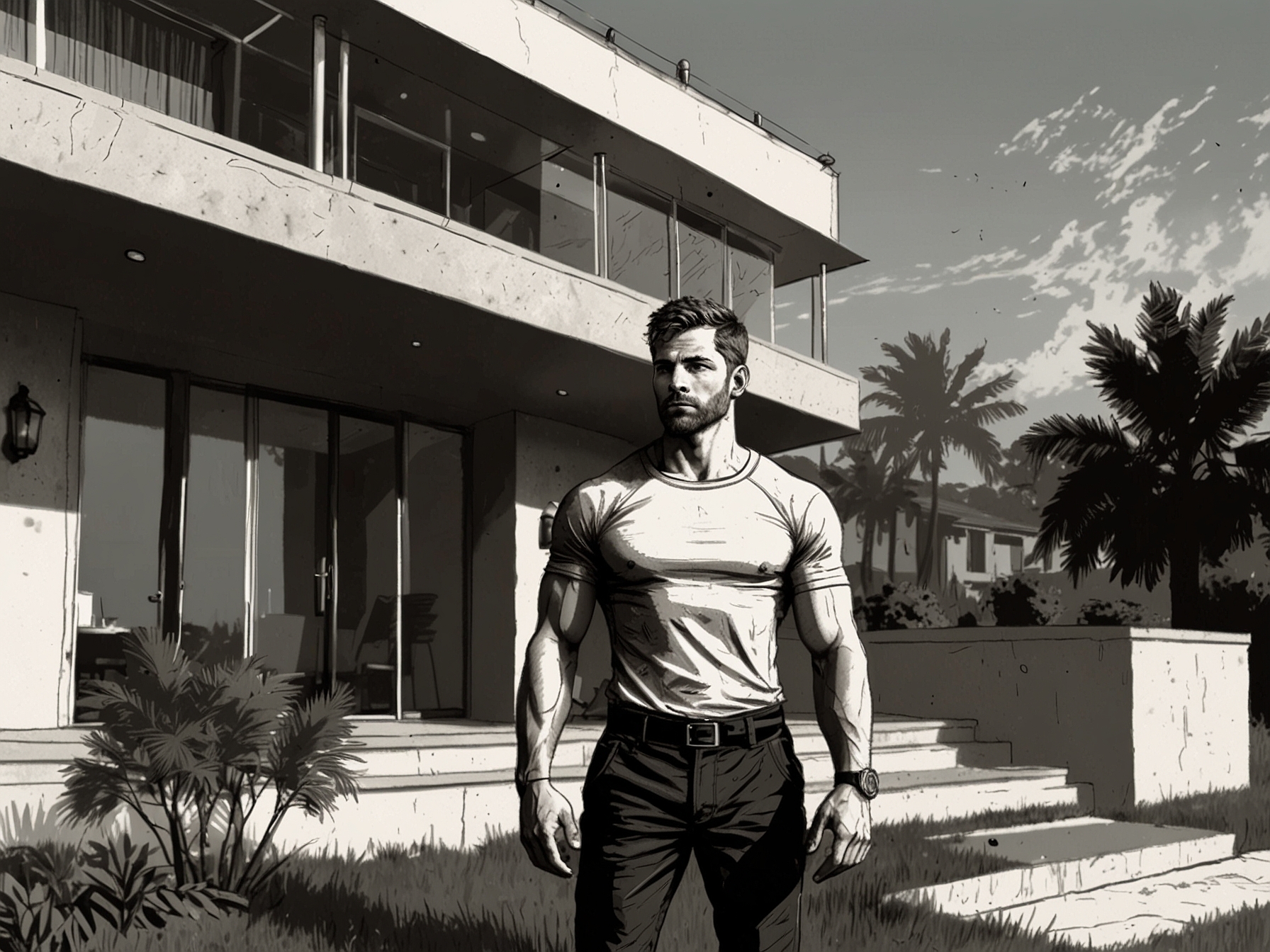 A concerned athlete standing in front of his luxurious home, showcasing a sophisticated security system while looking vigilant about potential threats.