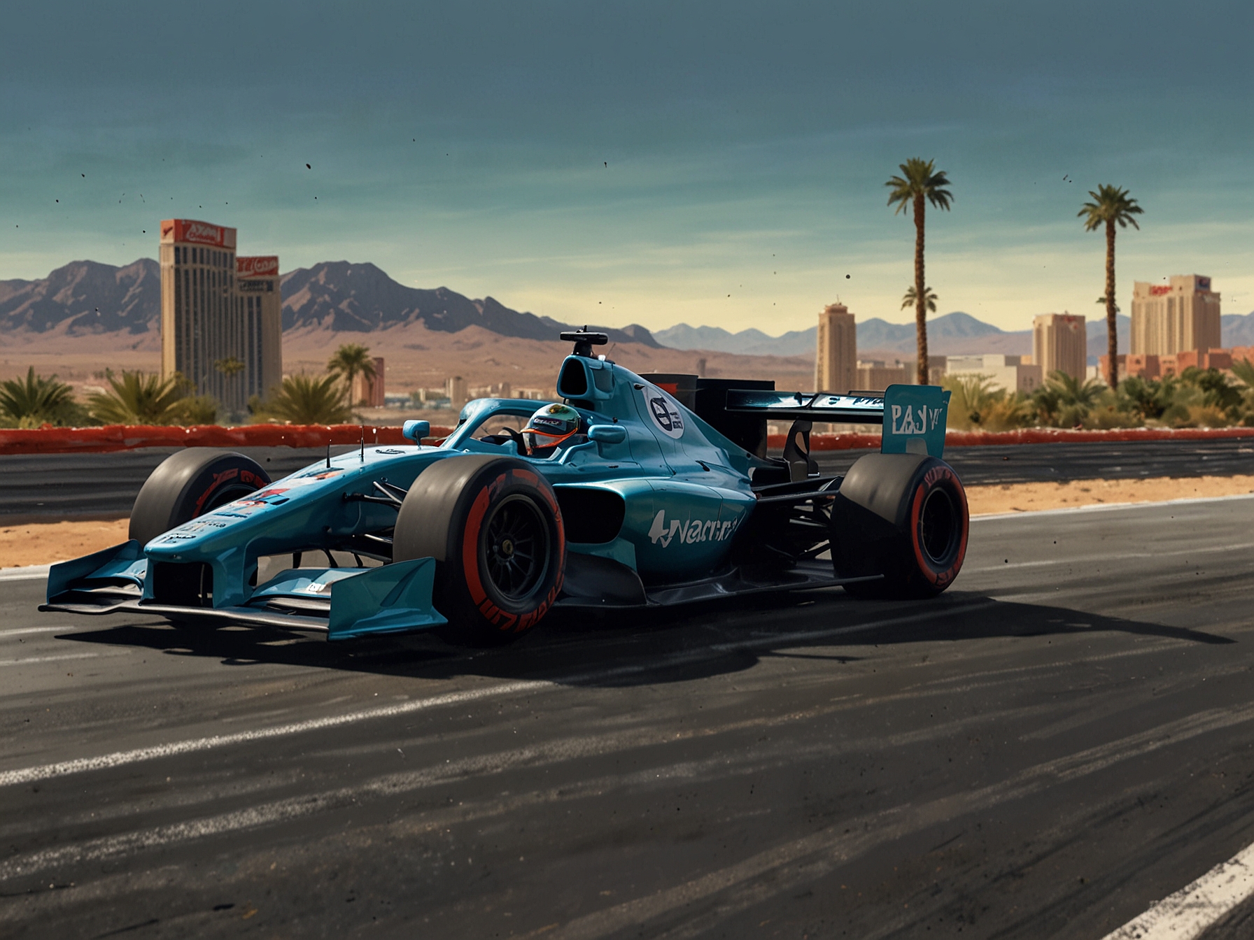 Max Verstappen in his Red Bull car pushing through challenging conditions, capturing the struggle of top drivers during the Las Vegas GP practice session.