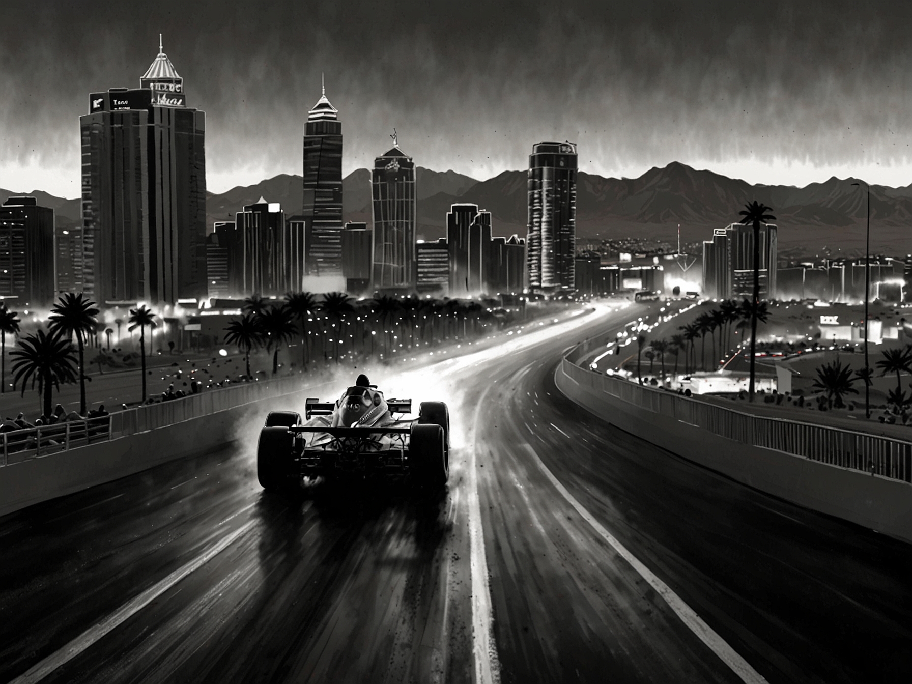 The thrilling atmosphere of the Las Vegas Grand Prix, showcasing the drivers and their cars as they navigate the fast-paced circuit, with vibrant city lights illuminating the scene.