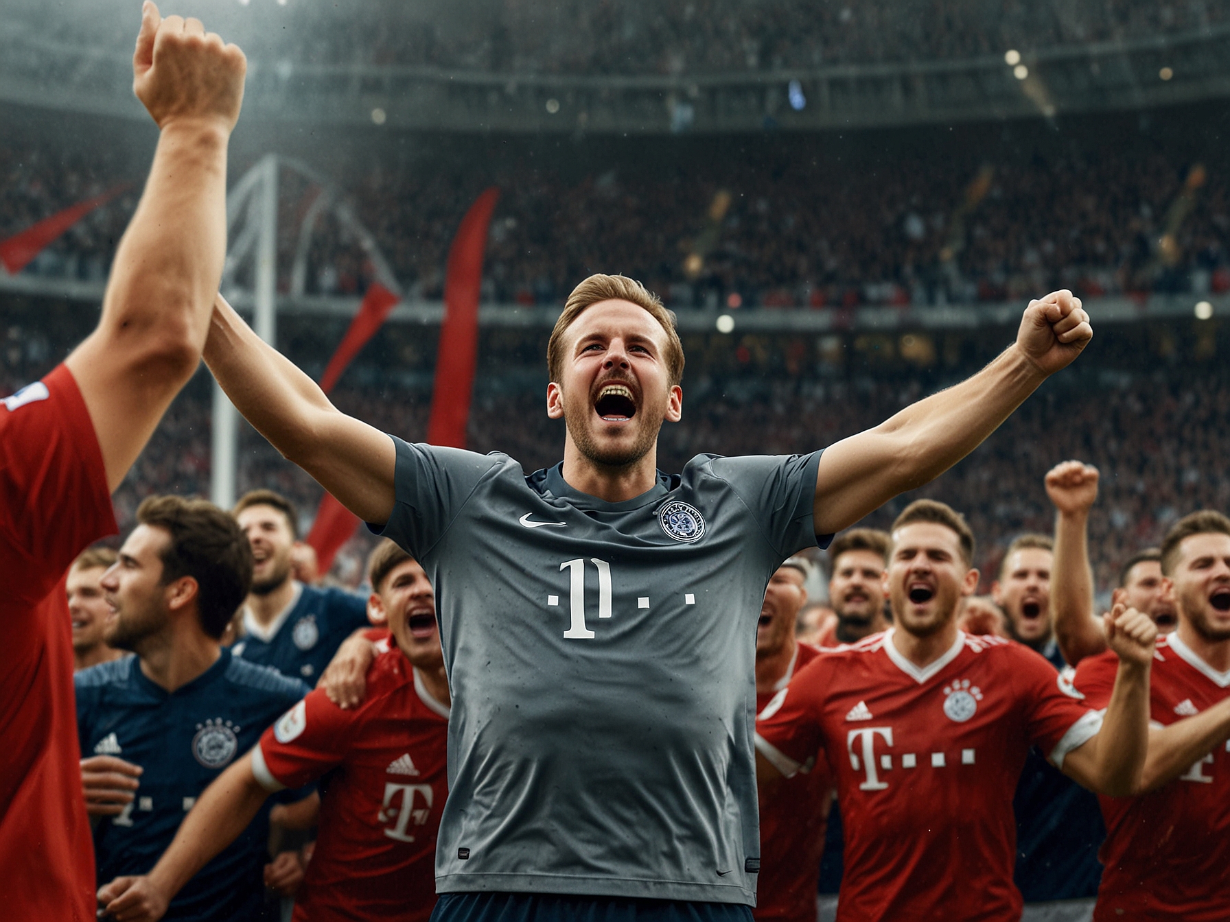 A dynamic action shot of Harry Kane celebrating his hat-trick goal at the Allianz Arena, surrounded by jubilant Bayern Munich fans, capturing the excitement of the match.