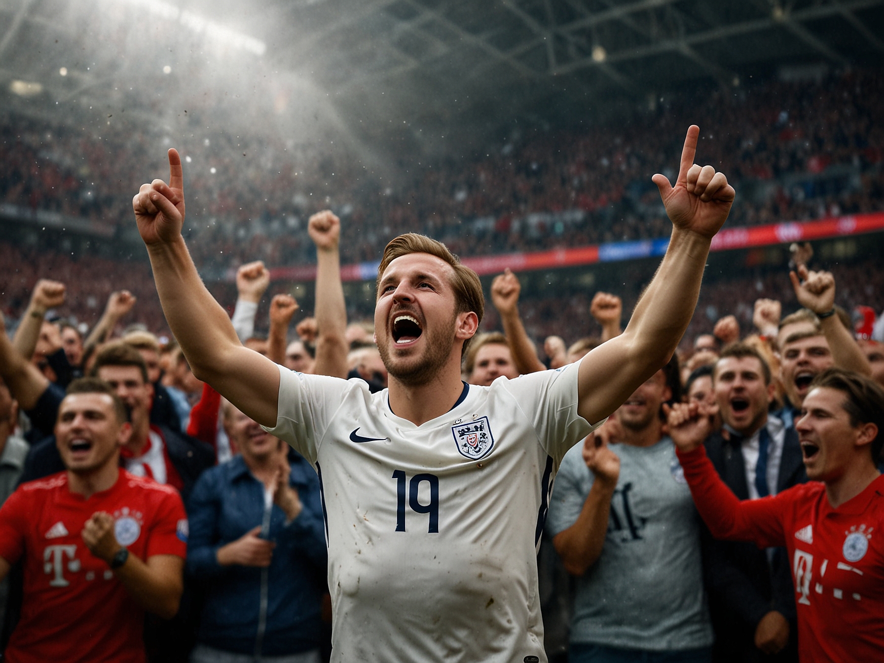 Bayern Munich players huddled together in celebration after a goal, with Kane at the center, showcasing team spirit and determination on the pitch.