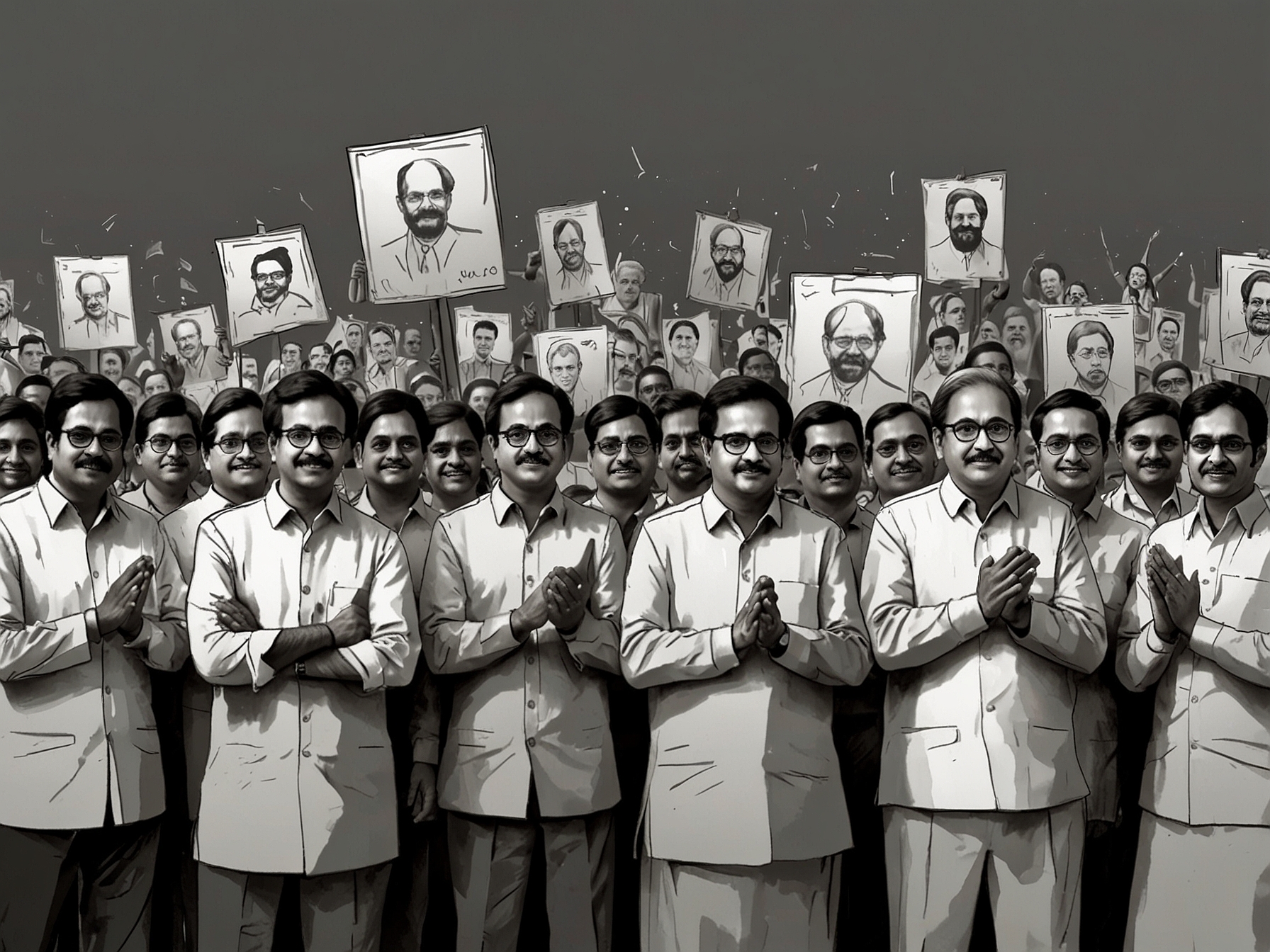 A political gathering in Maharashtra, featuring leaders from various parties including Shiv Sena and BJP, with campaign posters in the background, capturing the charged atmosphere of the elections.