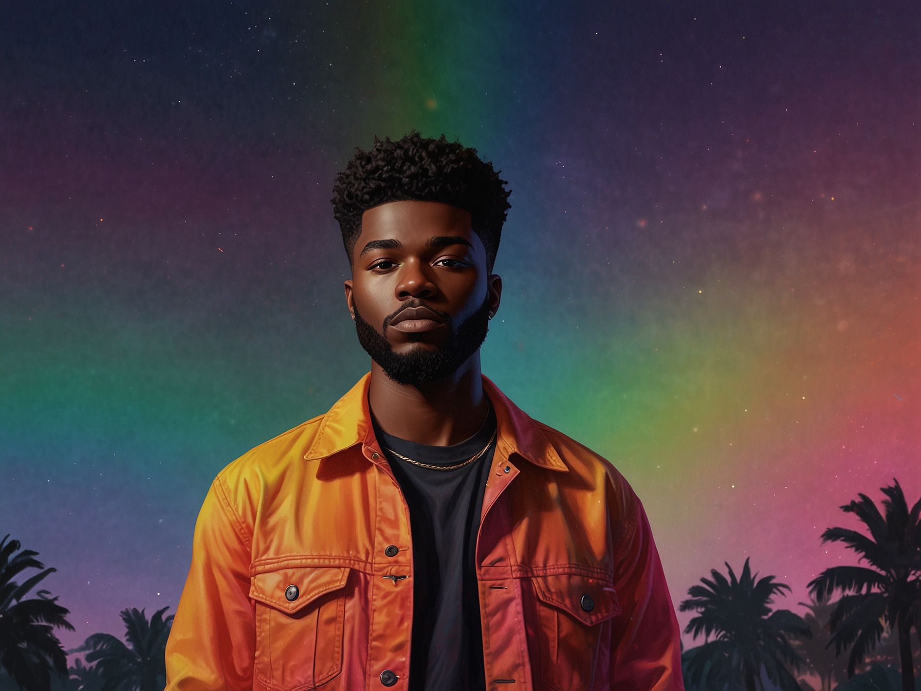 An illustration of Khalid confidently standing under vibrant rainbow lights, symbolizing his pride and authenticity in embracing his identity as a gay artist.