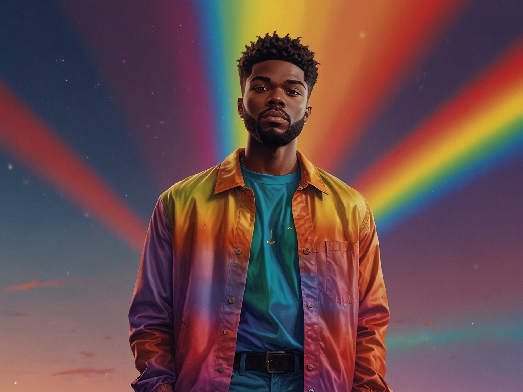 A close-up shot of Khalid smiling while wearing a rainbow-themed outfit at a music event, highlighting both his individuality and connection to the LGBTQ+ community.