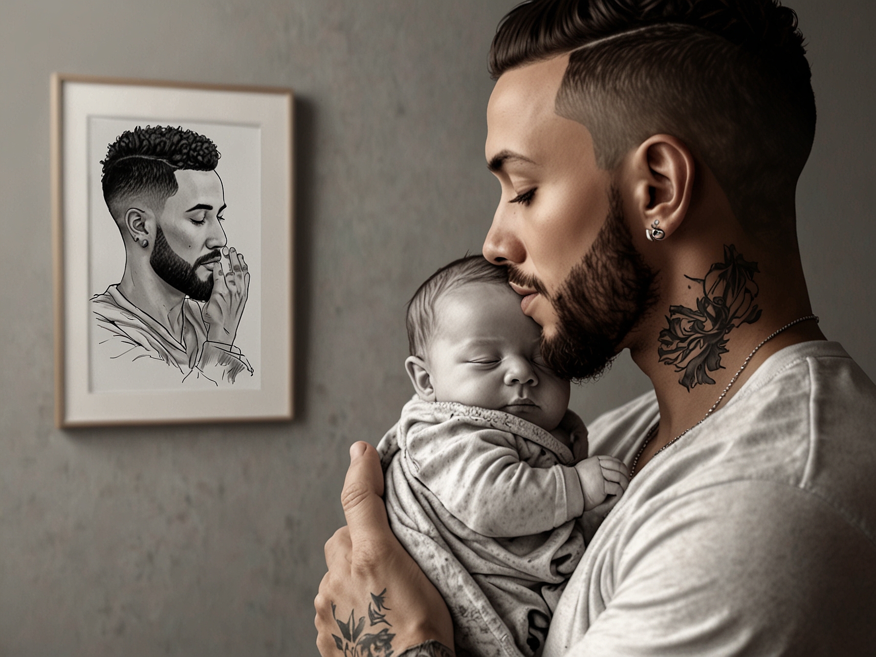 A tender moment of Ashley Cain holding his newborn son Aliyas, with a framed ultrasound scan in the background symbolizing new beginnings and hopes for the future.