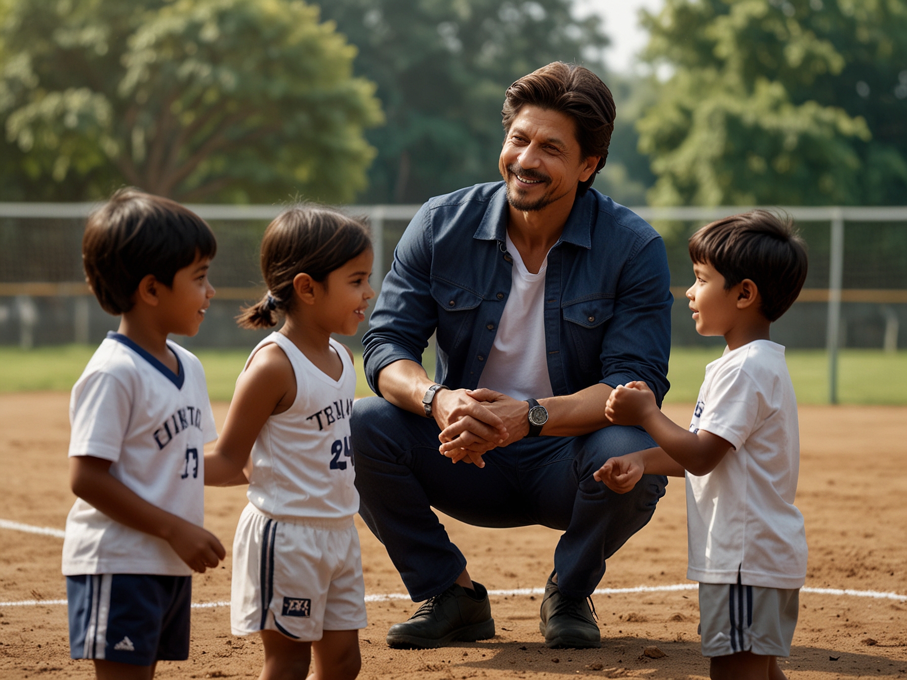An engaging image of Shah Rukh Khan coaching young children in a friendly sports setting, showcasing his affectionate and involved parenting style. The children are motivated and happily learning teamwork and sportsmanship.