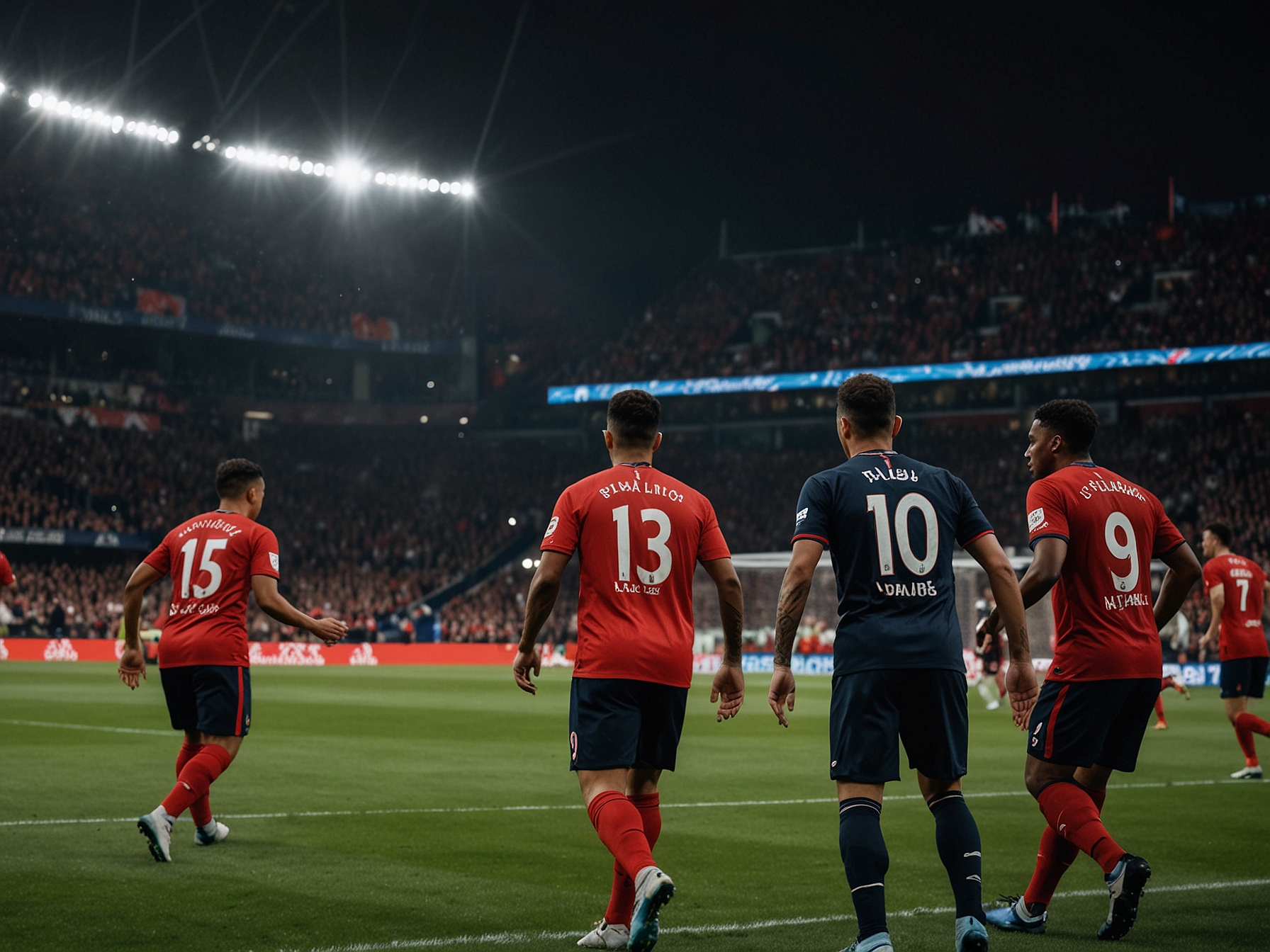 A tense moment in the PSG vs TFC match, showing players in action as Toulouse attempts to score against a solid PSG defense amid the vibrant atmosphere at Parc des Princes.