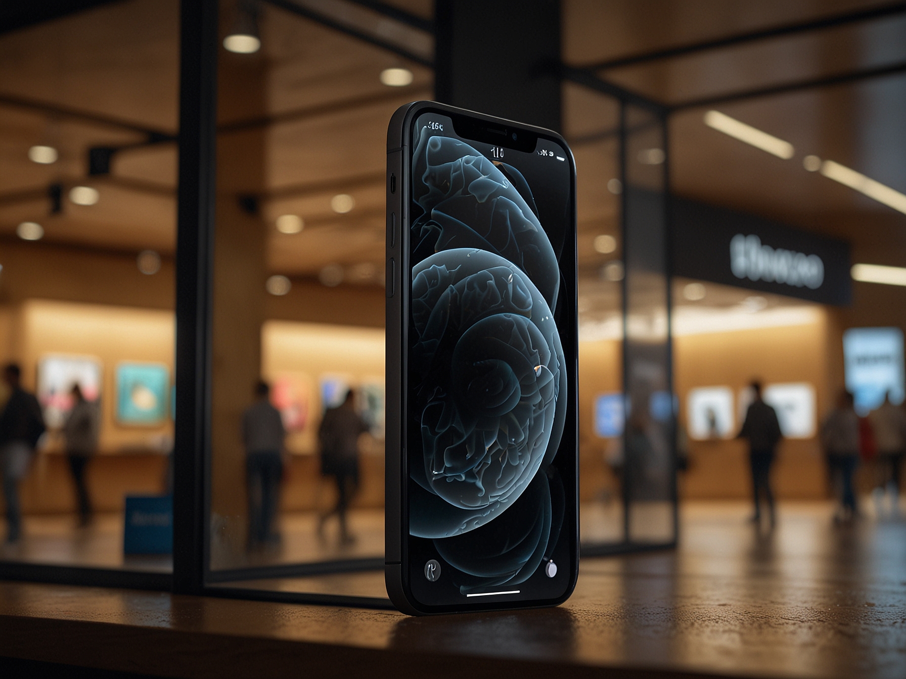 An eye-catching image showcasing the iPhone 15 Pro Max in a retail setting, displaying its sleek design and large screen, highlighting the latest 25% discount on Amazon.