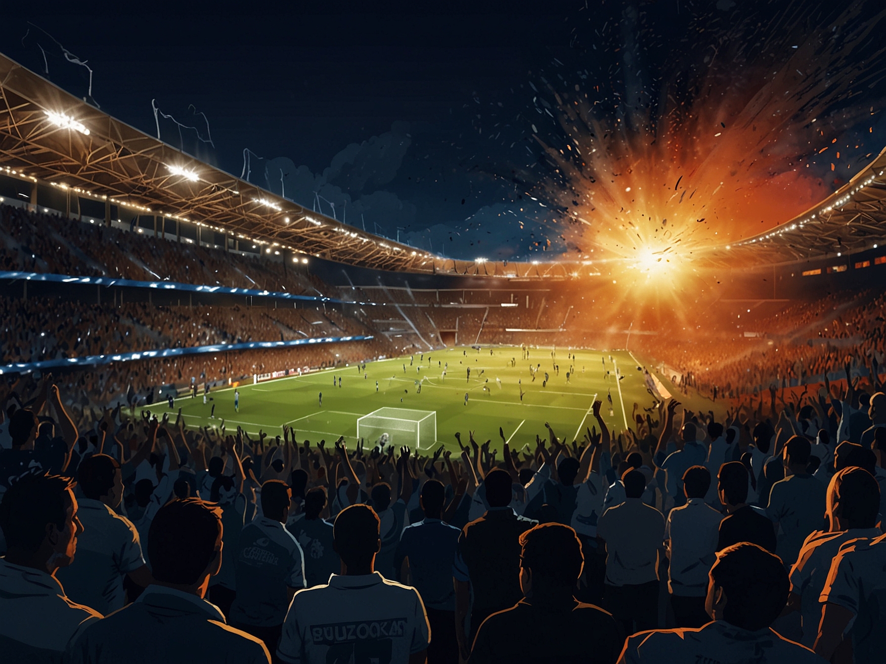 Players from Racing Club celebrating a goal, with their fans in full support, emphasizing the team's hopes for their first international title at the Sudamericana final.