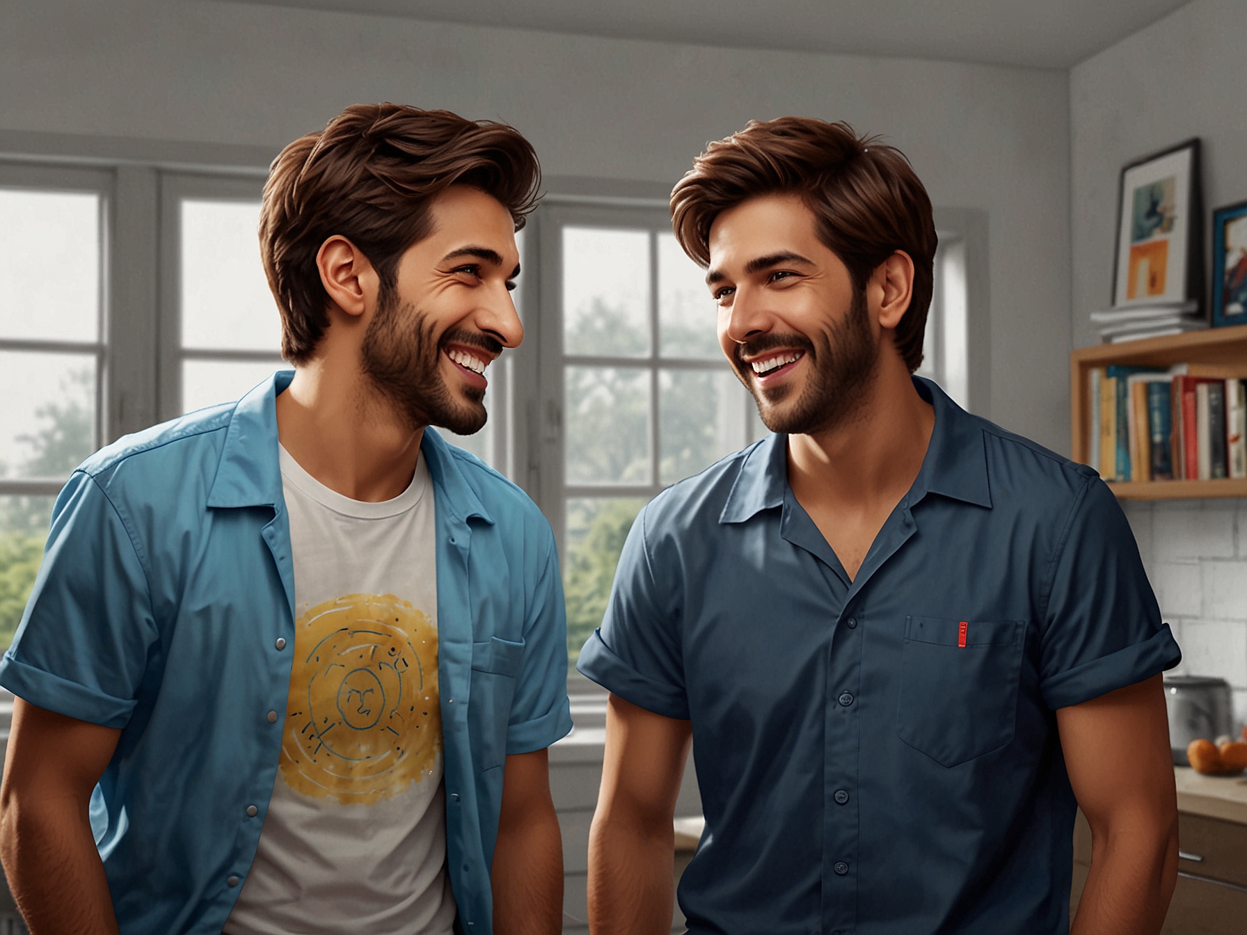 Kartik Aaryan and MrBeast share a joyful moment, laughing and engaging in playful banter during their collaborative video, showcasing the blend of Bollywood and YouTube culture.