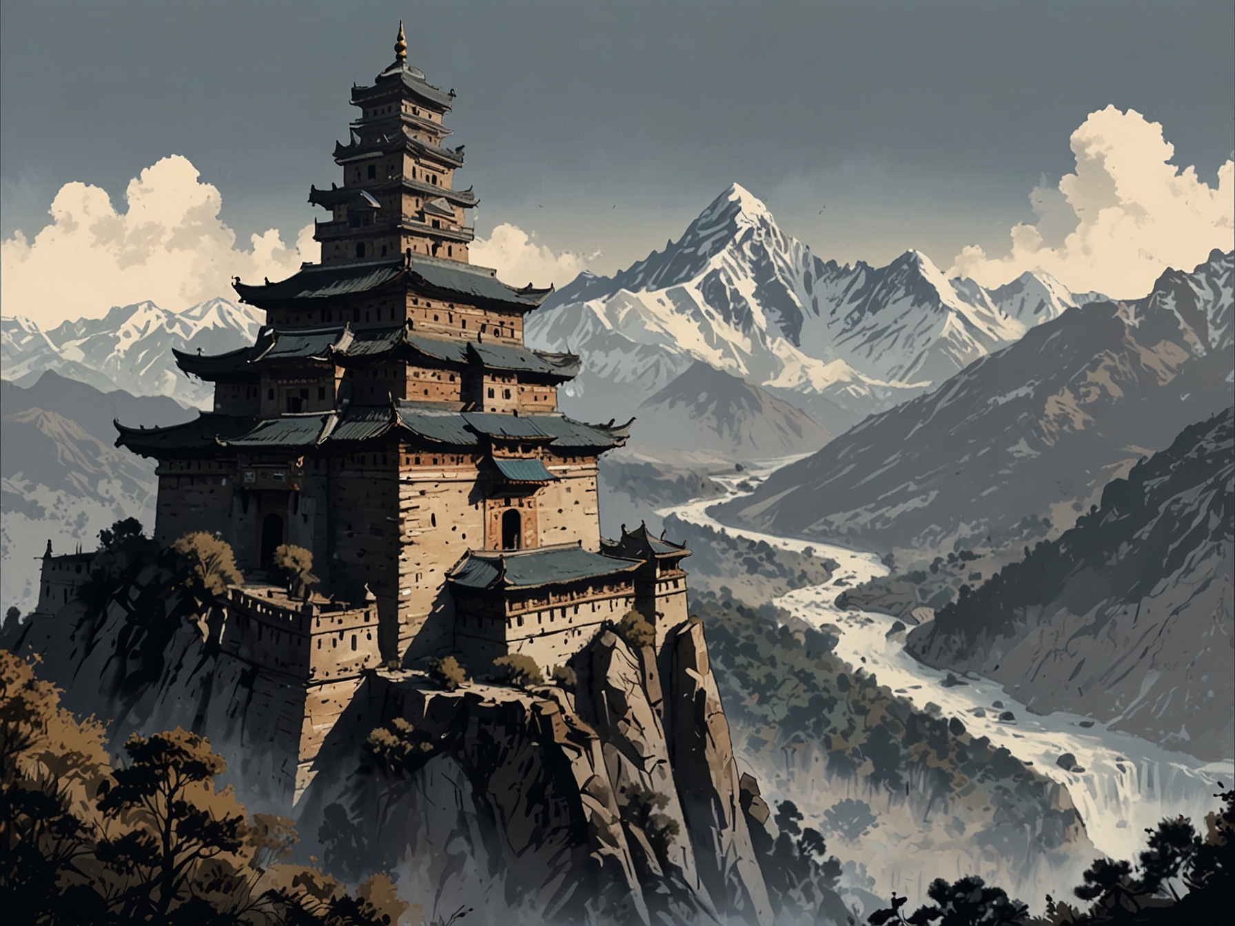 A breathtaking view of the ancient towers in the rugged Sichuan region of the Himalayas, showcasing their towering structures amidst a scenic mountainous landscape.