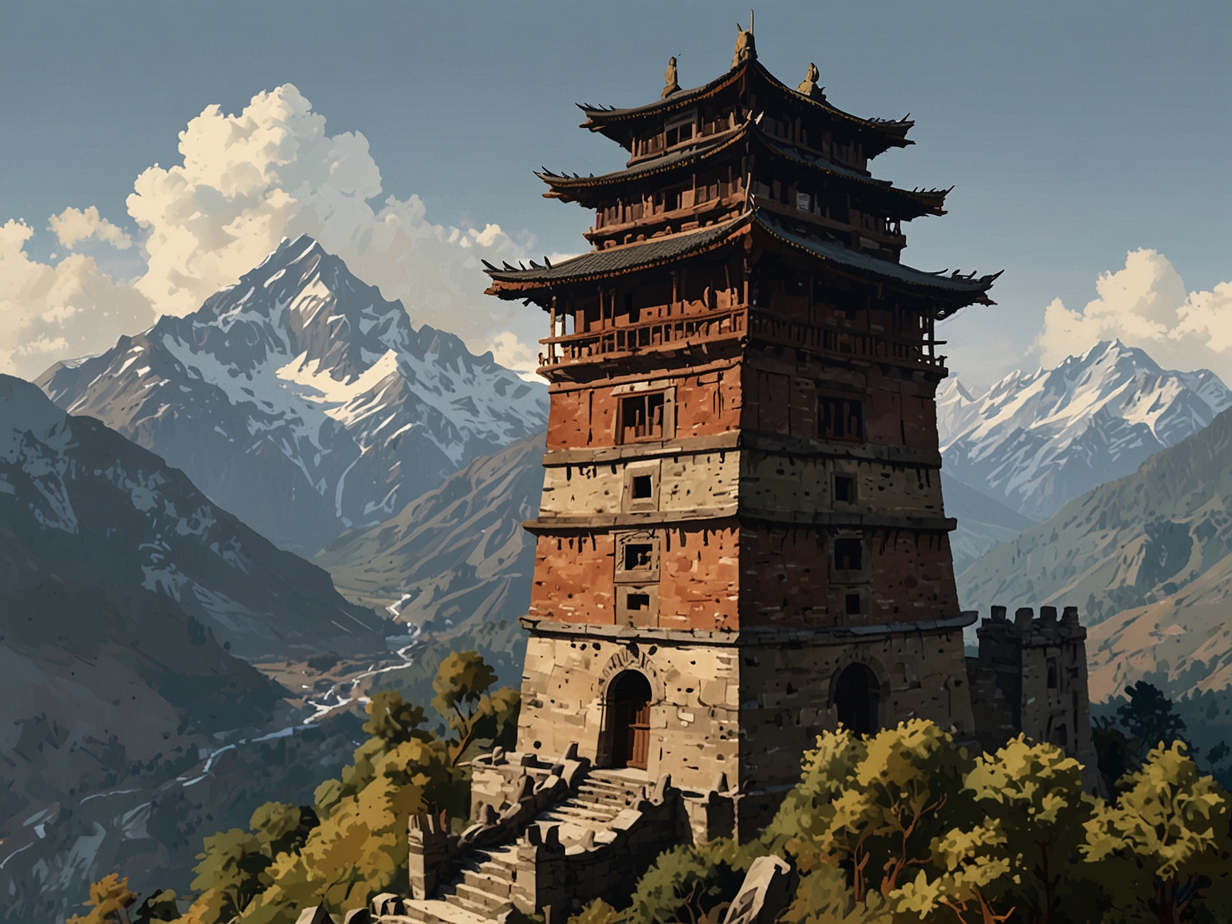 An aerial perspective of the ancient towers, highlighting their tapered design and sturdy construction, surrounded by the untouched beauty of the Himalayas.