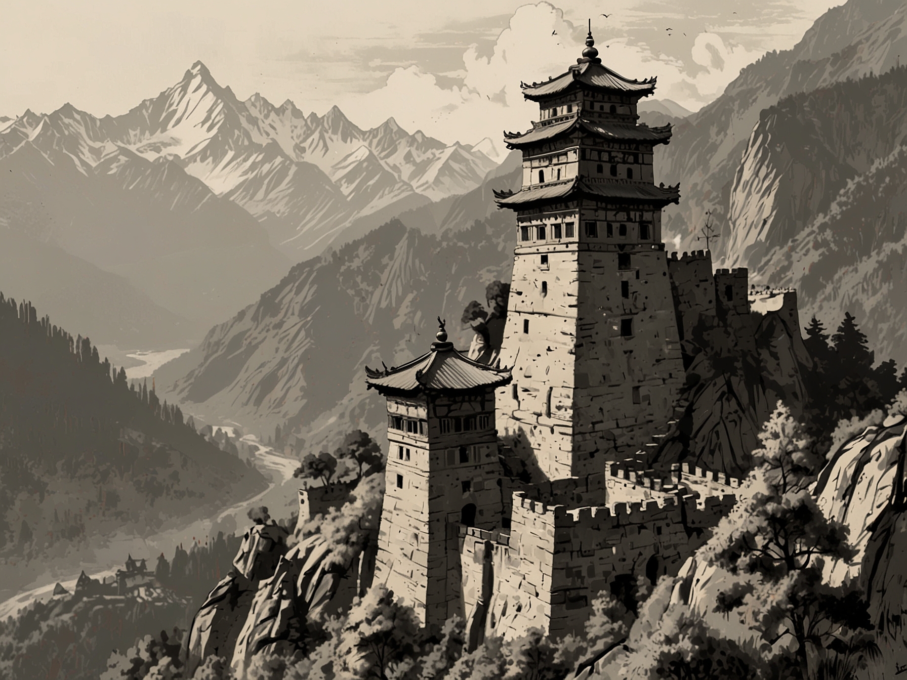 A close-up of the stone and wood materials used in the construction of the ancient towers, showcasing the craftsmanship and engineering skills of the creators.