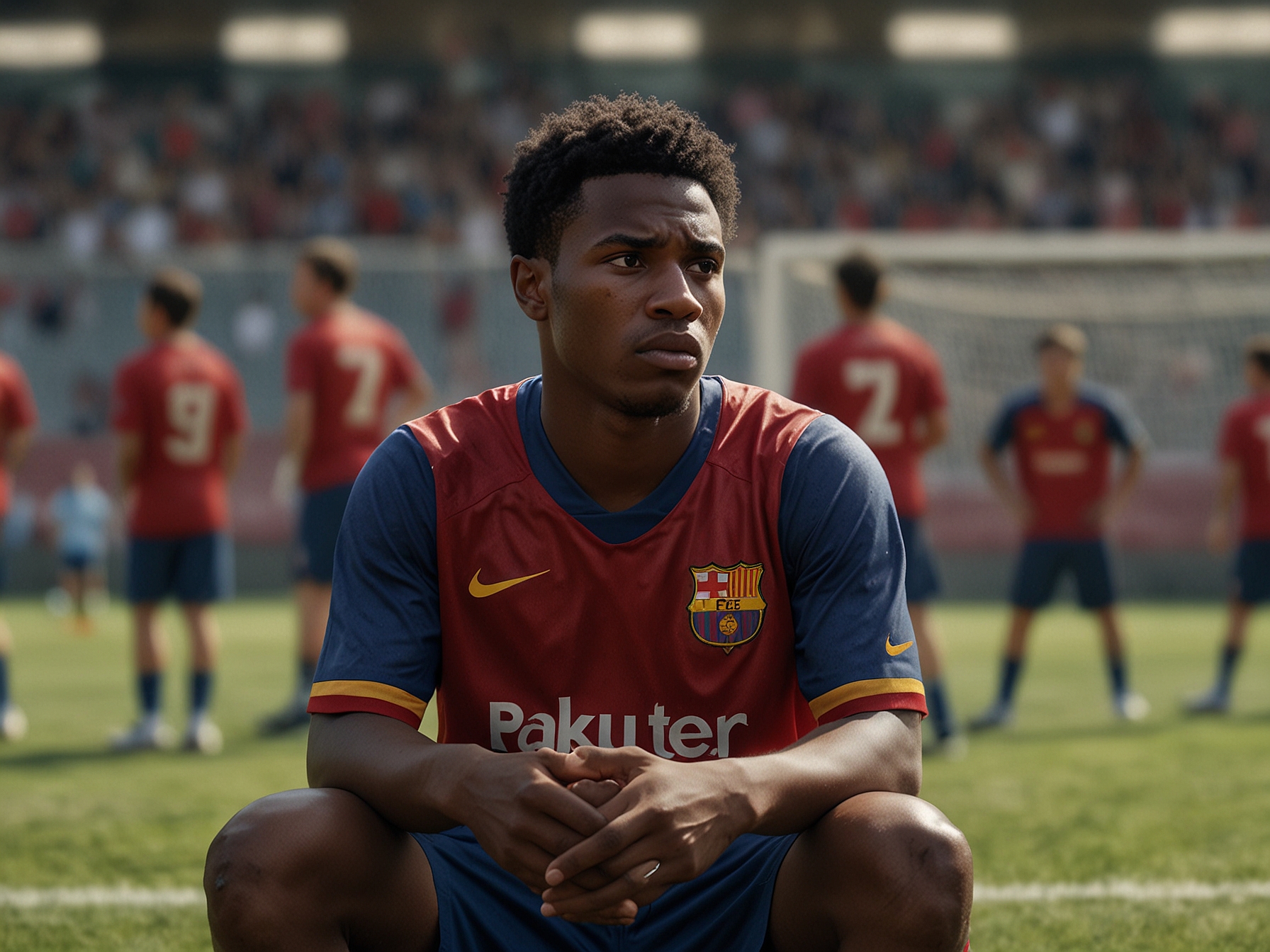 A young football player, Lamine Yamal, is shown sitting on the sidelines with a concerned expression, wearing a Barcelona jersey, as teammates practice in the background. The scene reflects the tension and anticipation surrounding his injury status.