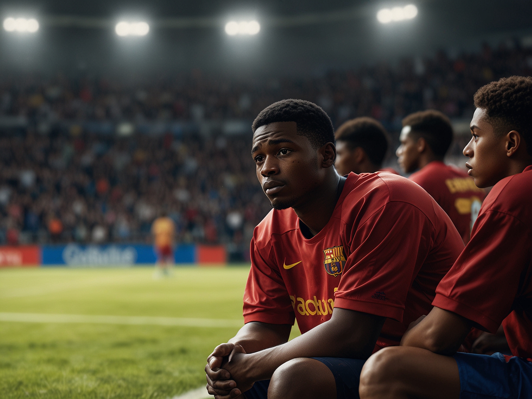 Barcelona's coach Hansi Flick is pictured deep in thought during a match, analyzing strategies while glancing at the empty seat where Lamine Yamal would typically sit during the game, showcasing the impact of Yamal's absence.