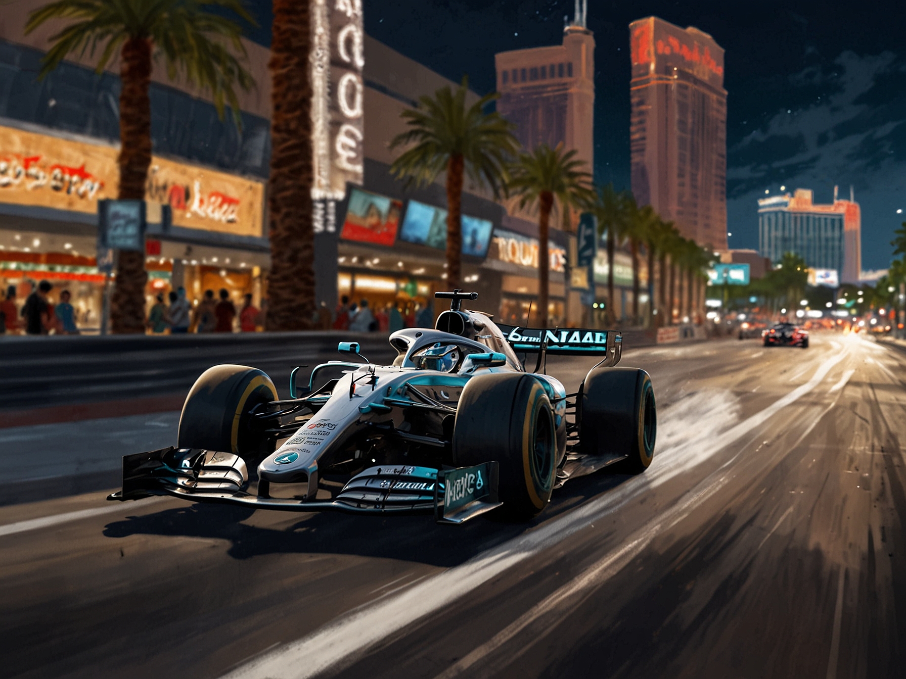 A dynamic shot of George Russell's Mercedes car racing through the vibrant Las Vegas street circuit during qualifying, capturing the thrill and speed of Formula 1.